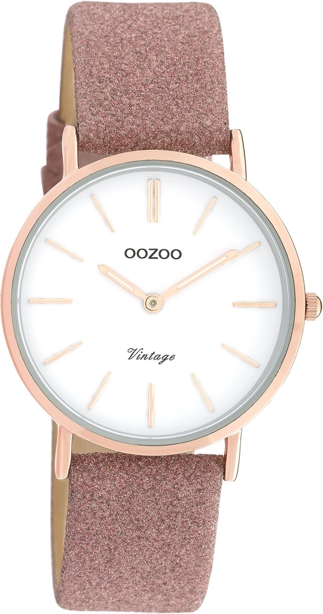 OOZOO Quarzuhr Oozoo Damenuhr mittel Lederarmband, (ca. Damen 32mm) Analog, Armbanduhr rund, Elegant-Style rosa