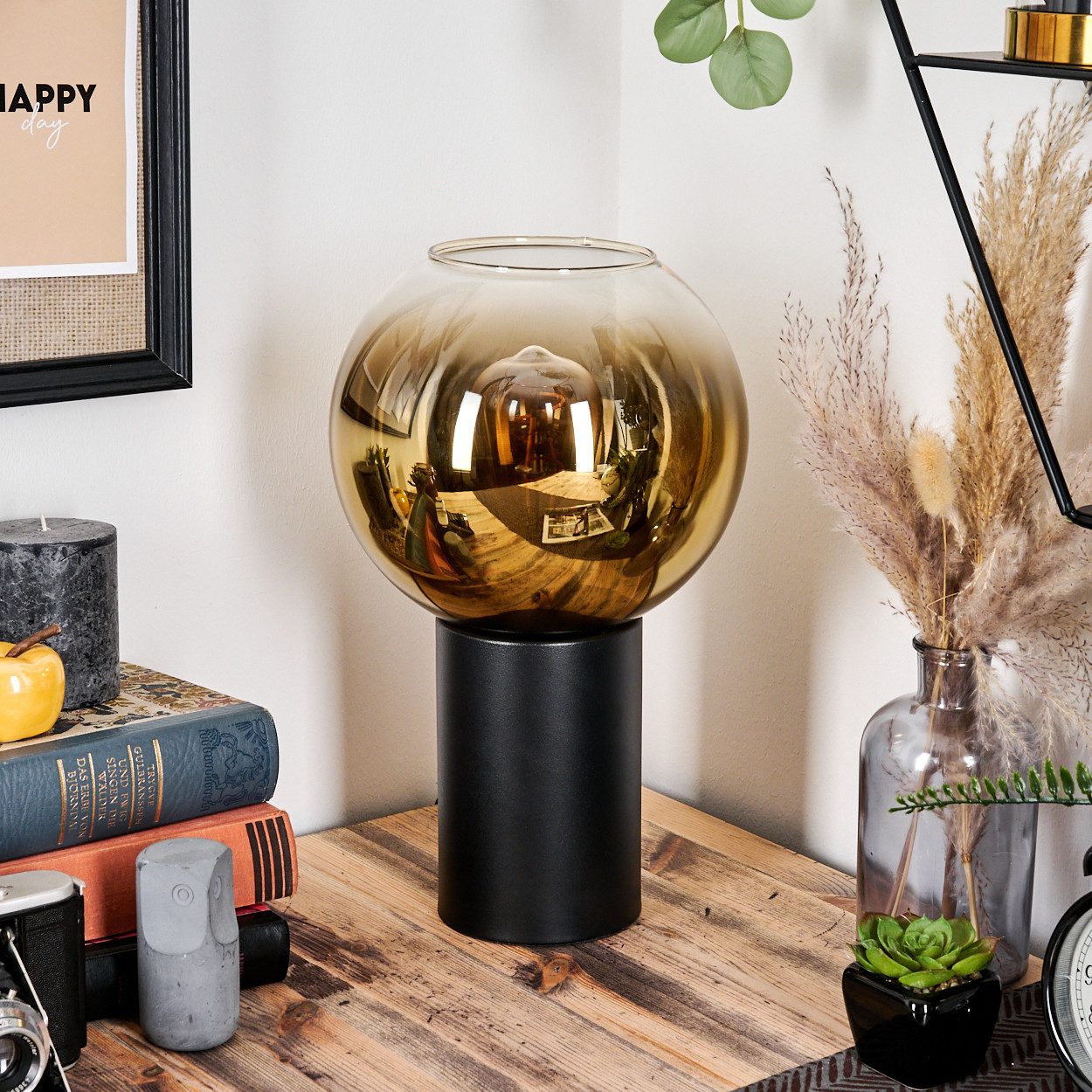hofstein Tischleuchte Tischlampe aus Metall/Glas in Schwarz/Goldfarben/Klar, ohne Leuchtmittel, Leuchte im Retro/Vintage-Design mit Glasschirm (20 cm), 1 x E27