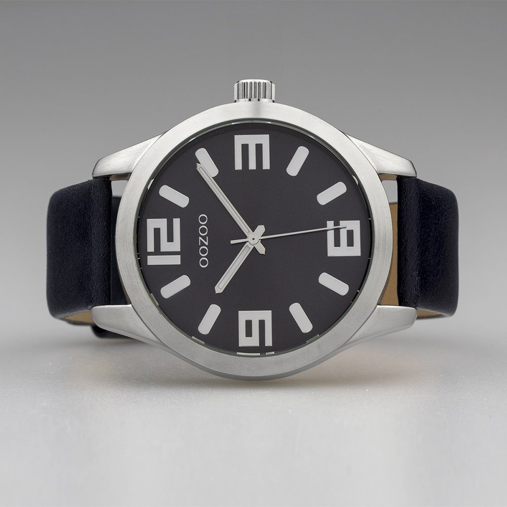 OOZOO Quarzuhr Oozoo Damen Armbanduhr dunkelblau, (Analoguhr), Damen, Herrenuhr rund, extra groß (ca 46mm) Lederarmband, Casual-Style