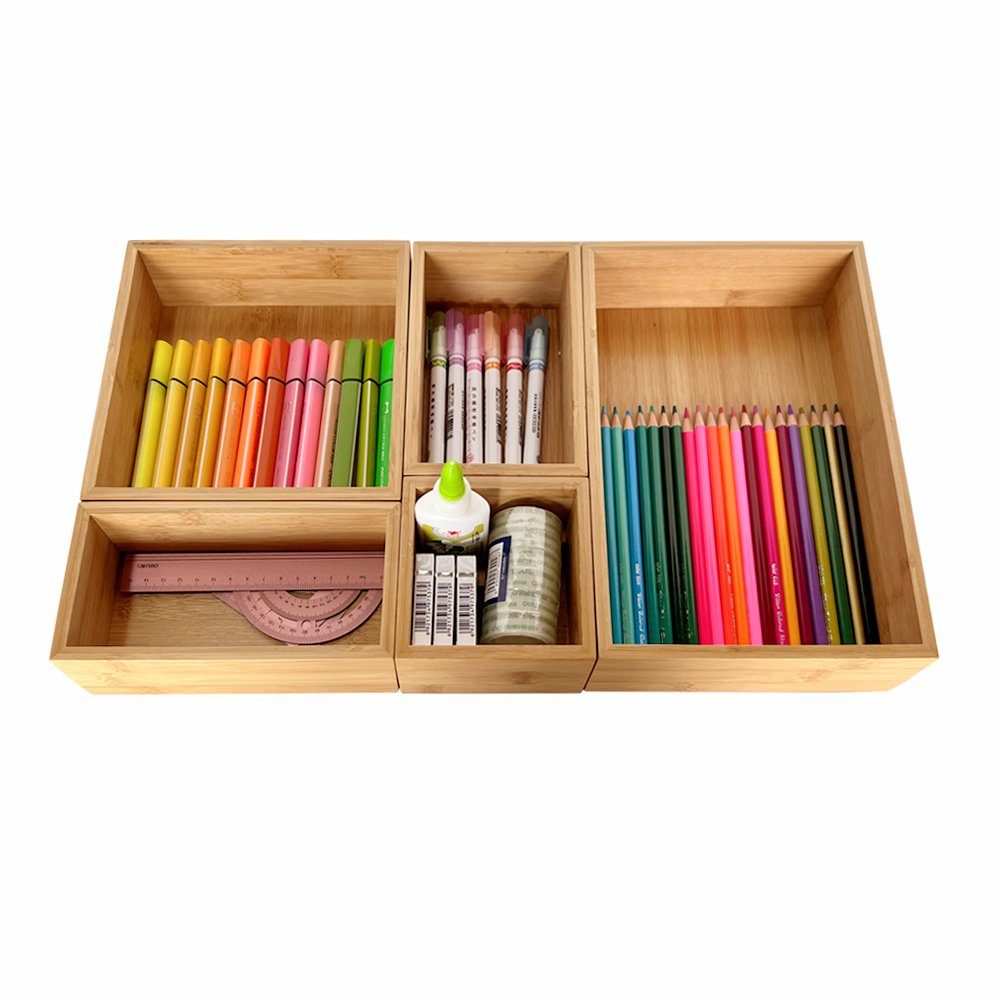 WAOHO Schubladeneinsatz Schubladen Organizer aus Bambus, 5-teiliger aufbewahrungsbox,sortierbox