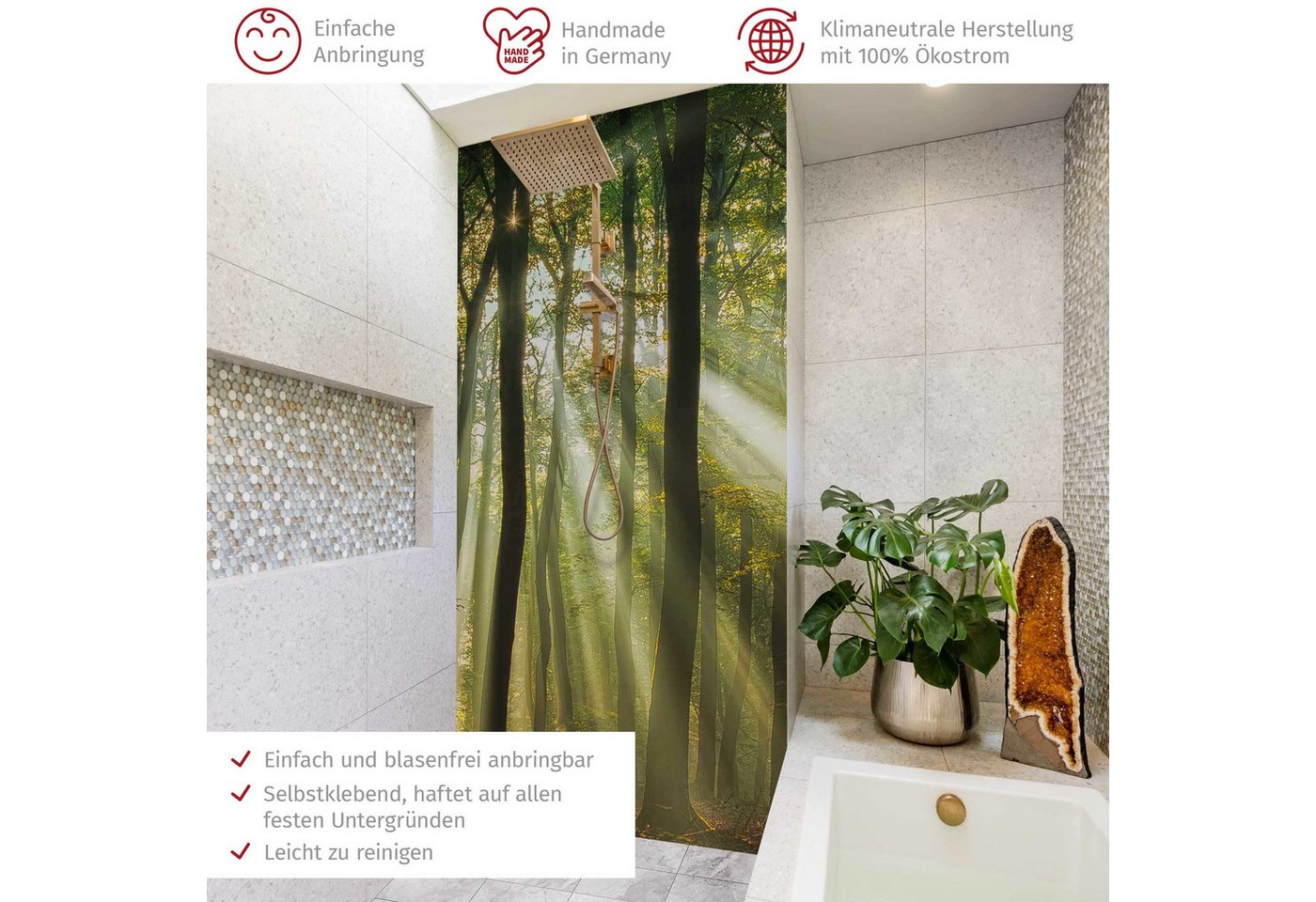 Thumbnail - Bilderdepot24 Badrückwand Fliesen Wald grün Duschrückwand ohne Bohren Dusche Natur, (1-tlg., Hart-Folie Smart matt 0,35 ...