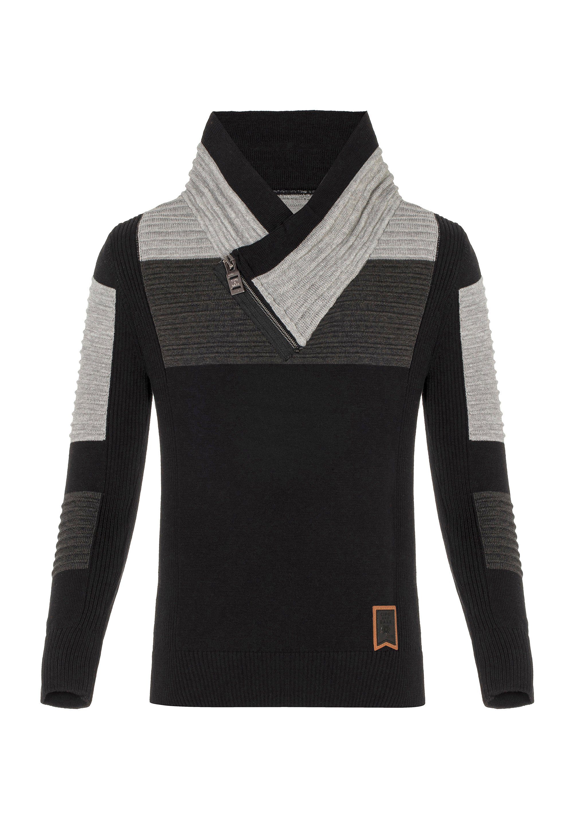 elegantem schwarz-anthrazit Baxx Schalkragen Strickpullover & mit Cipo