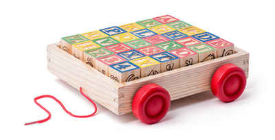 Woodyland Lernspielzeug Bunte Holzbausteine mit Mustern in div. Formen im Holzwagen mit Rädern, bunte Holzbausteine mit Mustern, Zahlen und Buchstaben