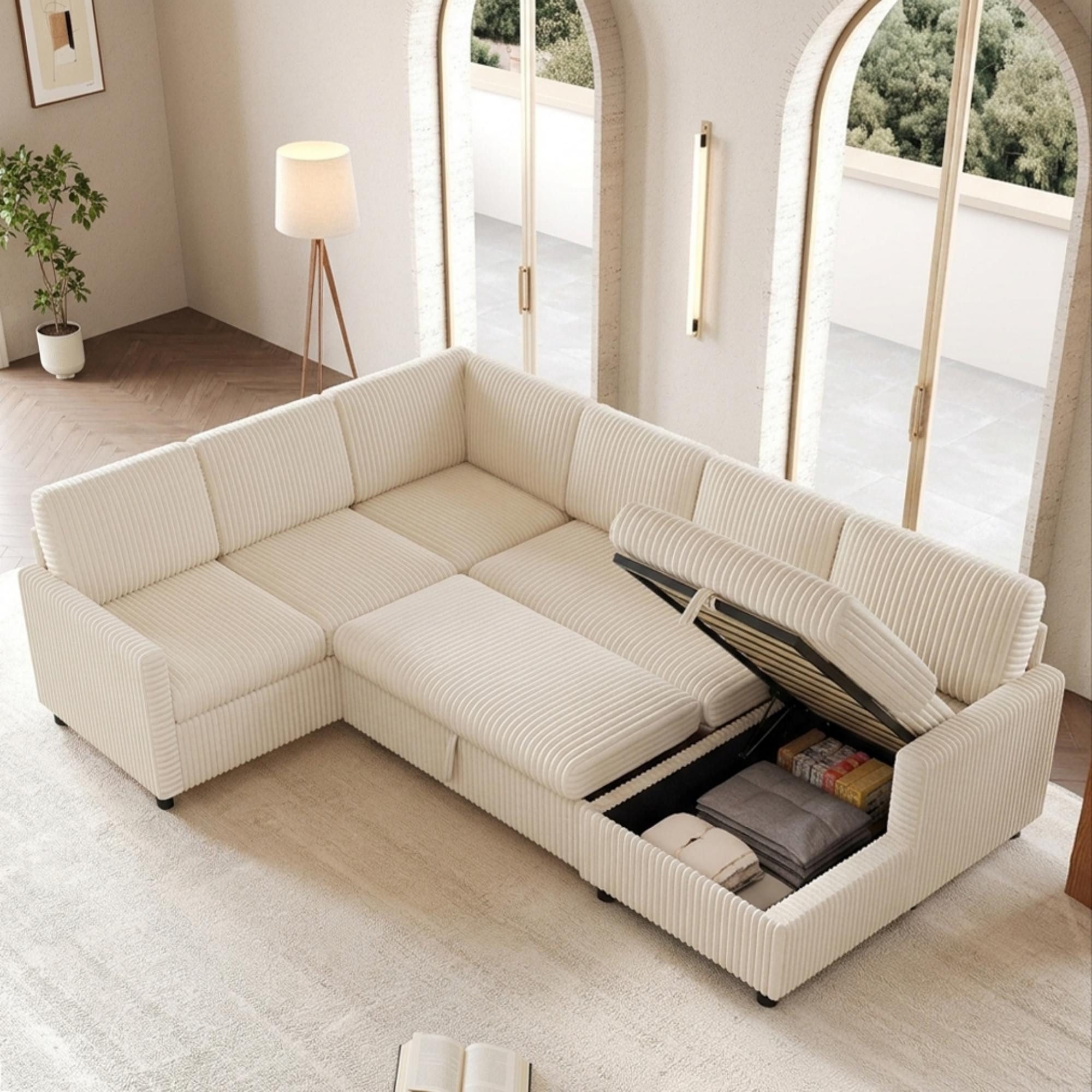 Flieks Ecksofa U-förmig ausziehbares Schlafsofa mit Schlaffunktion & Bettkasten, 220×274×85 cm, 6-Sitzer Sofa Eck-Schlafcouch mit Stauraum Cordstoff Beige