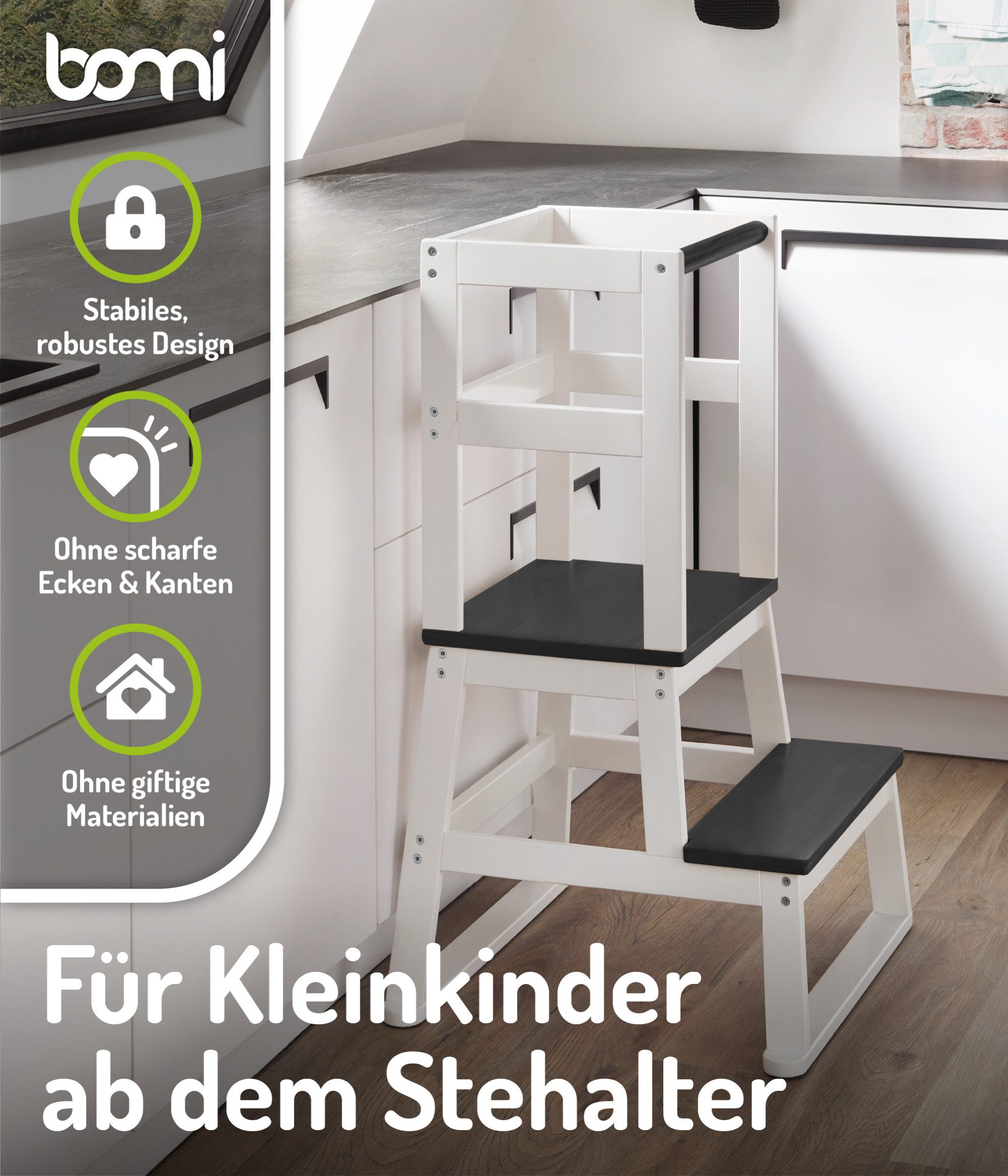 BOMI Stehhilfe Montessori Lernturm Swubi (sicherer Tritthocker, Lernturm für Kinder, 1 St), Montessori Kinder Schemel Kinderhocker aus Holz