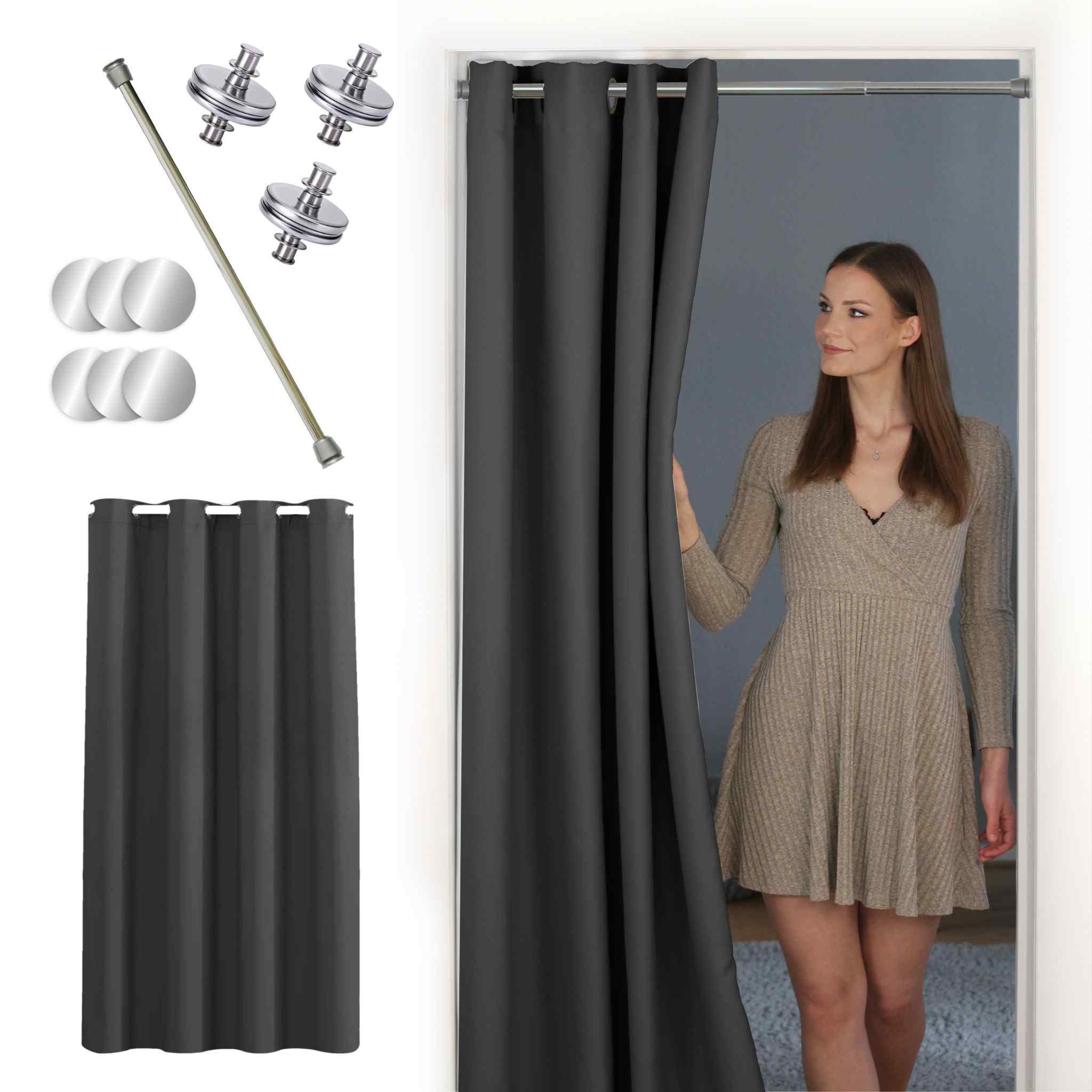 tinycurtains Türvorhang mit Stange silber 55-90 cm ohne Bohren, Thermo Vorh günstig online kaufen