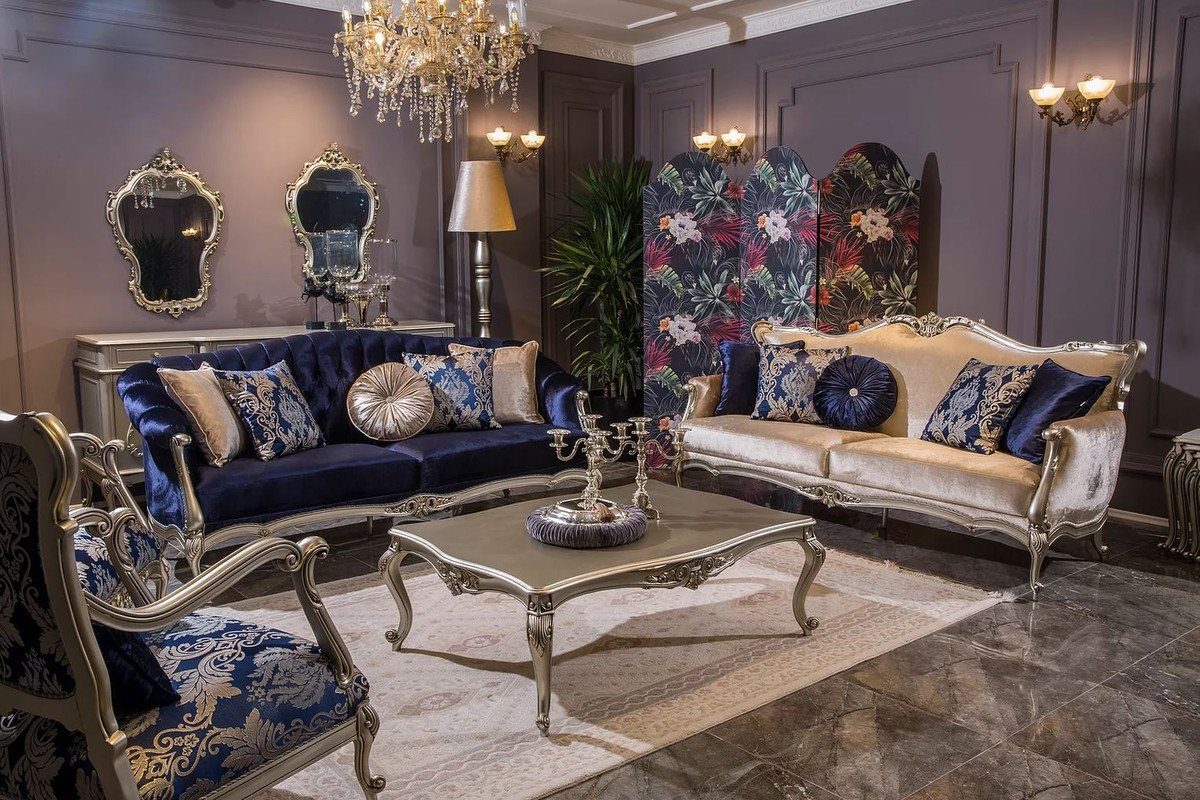 212 Sofa - H. dekorativen x Padrino Barock Kissen 98 80 Silber x cm Prunkvolle Barock Wohnzimmer Blau Sofa Luxus mit Casa Möbel /