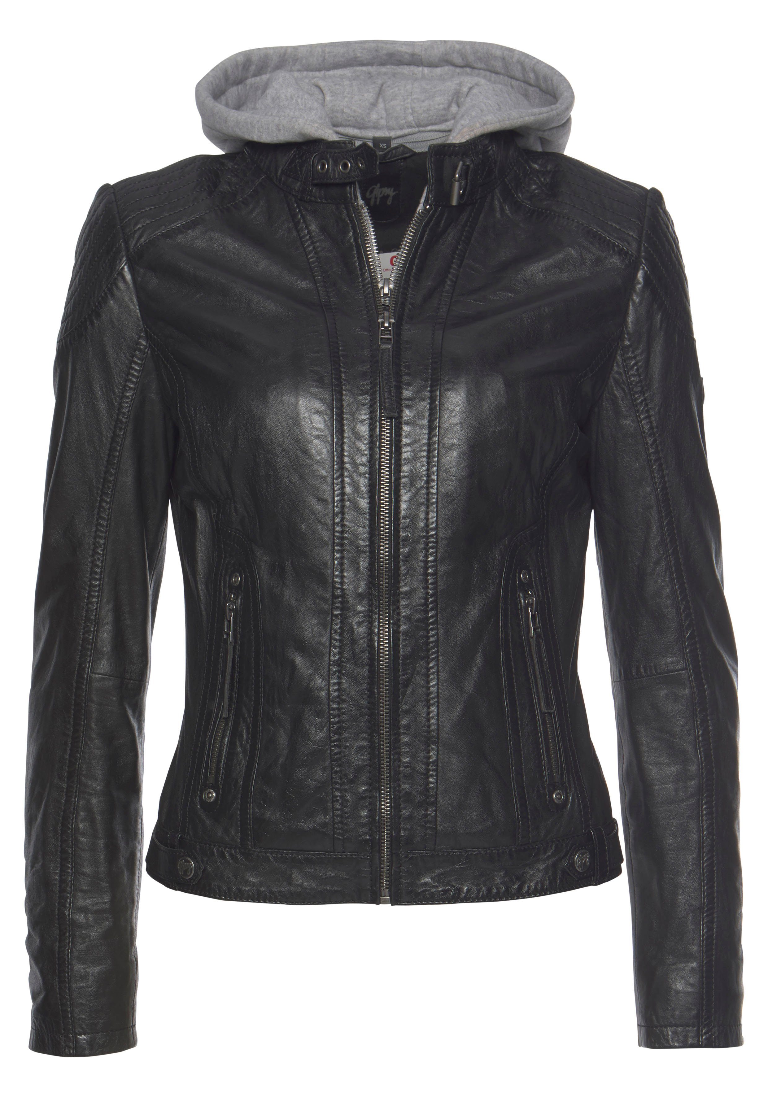 Gipsy Lederjacke Junja mit abnehmbarem Kapuzen-Einsatz Biker-Details und black aufwendigen