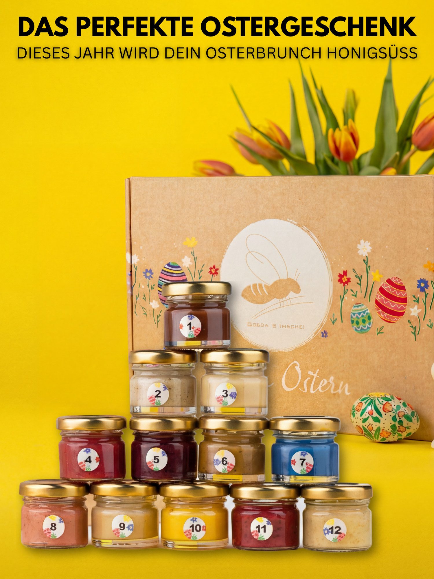 Grega´s Imkerei Honig Geschenkbox " Frohe Ostern " mit 12 Honig-Spezialitäten je 30g, 12 x 30 g, (perfekte Geschenkidee zu Ostern, Probierpaket & honigsüßes Mitbringsel), Oster-Probierbox mit 12 Honigspezialitäten direkt vom Imker