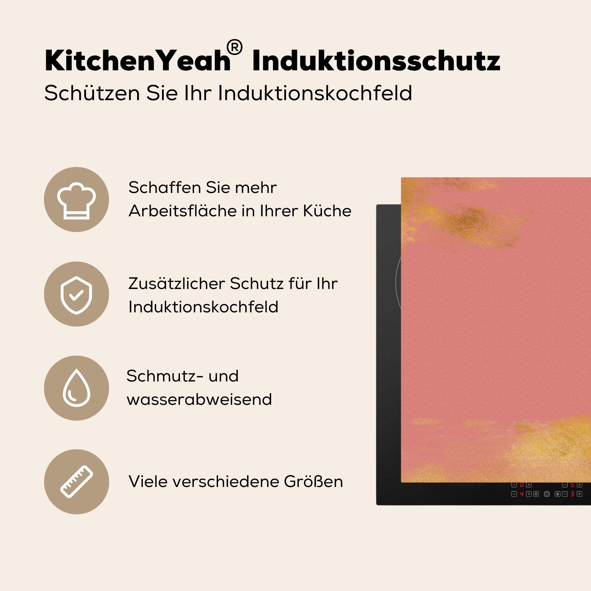 MuchoWow Vinyl, für Herdblende-/Abdeckplatte Muster - tlg), küche, Schutz Induktionskochfeld Rosa Gold, 81x52 (1 Ceranfeldabdeckung - cm, die