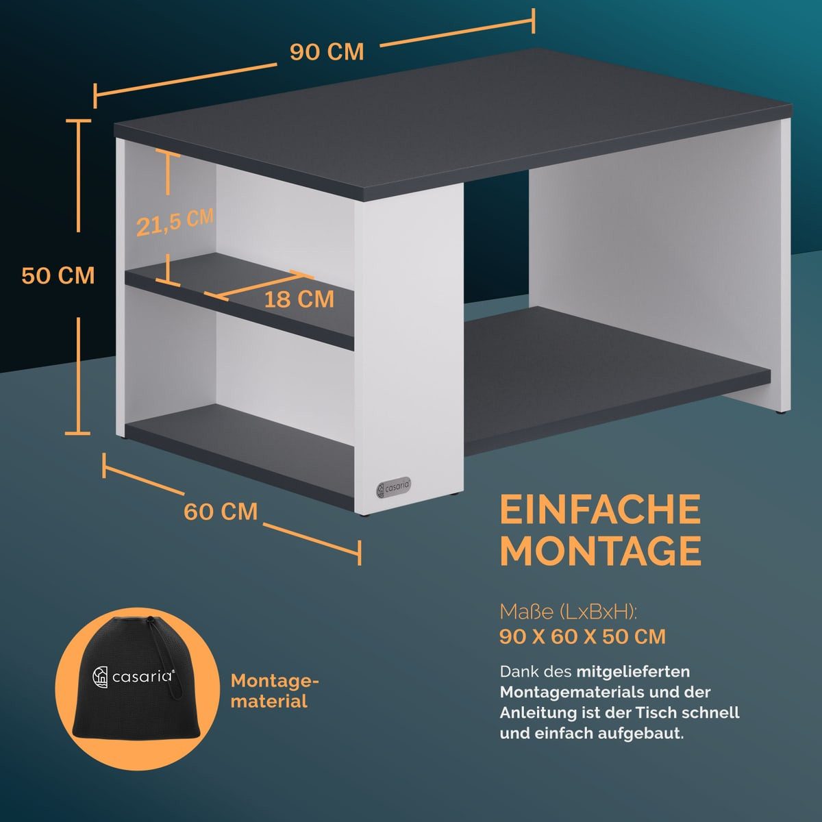 Casaria Couchtisch Santa Cruz, Holz Weiß Schwarz Wohnzimmertisch mit Stauraum 90x60x50cm Modern – Bild 4 von 5