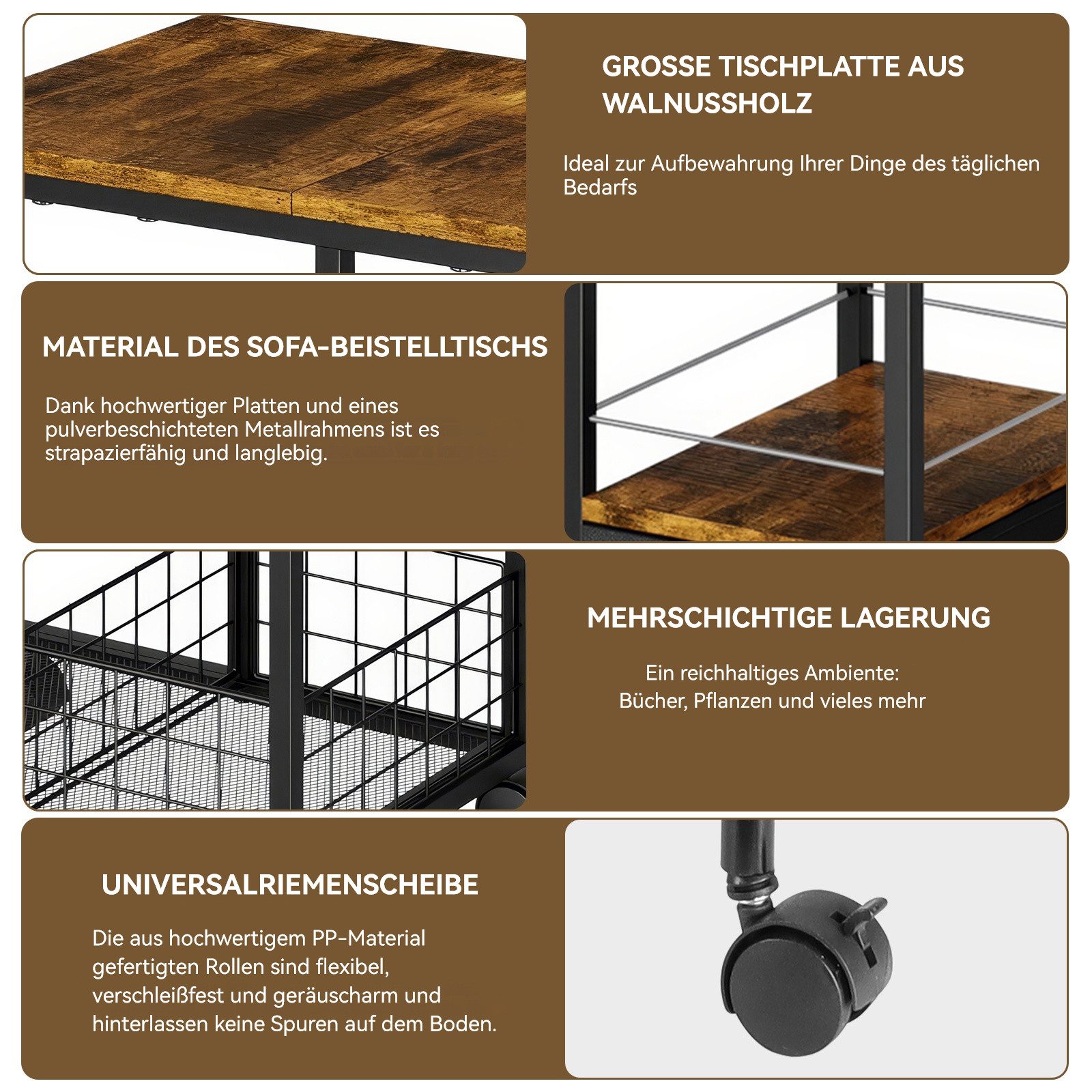 BlingBin Beistelltisch C-förmiger Beistelltisch mit Rollen,Nachttisch mit Schublade (1er Set, 1-St., 50 x 30 x 71 cm), 3 Ebenen Nachttisch,Metallrahmen,Minimalistischer Stil