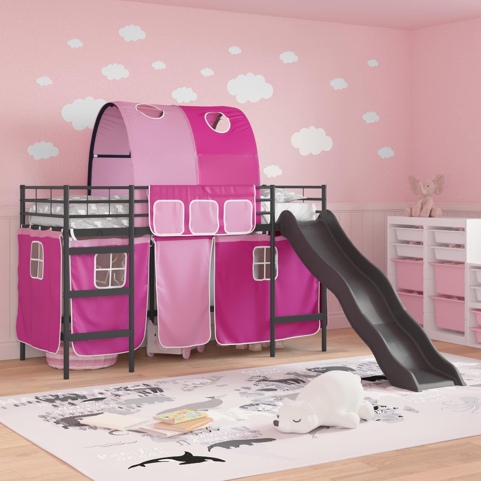 vidaXL Bett Etagenbett für Kinder mit Vorhängen Uni Schwarz und Pink Metall (1-tlg)