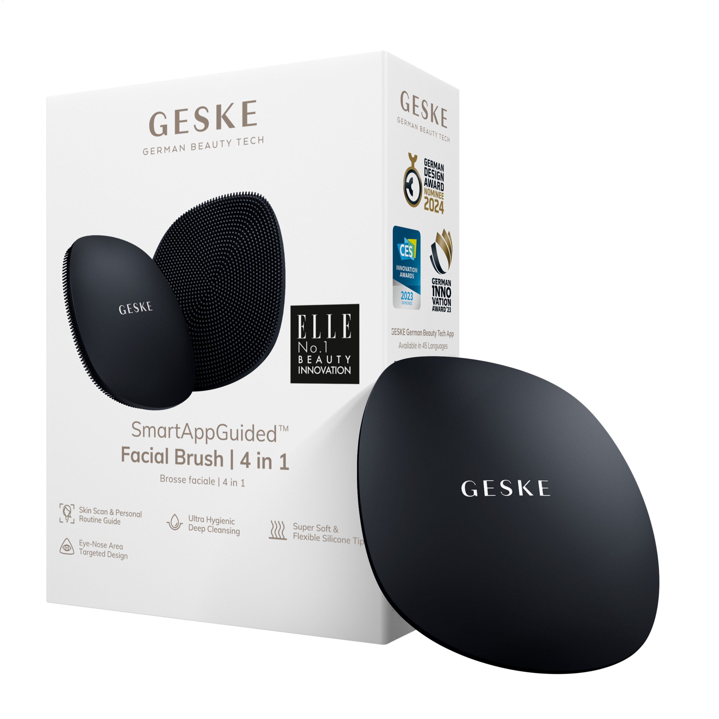 GESKE German Beauty Tech Elektrische Gesichtsreinigungsbürste SmartAppGuided™ Facial Brush 4 in 1, Packung, 1-tlg., inkl. kostenloser APP (SmartAppGuided Device), Mit der GESKE App erhältst Du deine personalisierte Hautpflegeroutine.