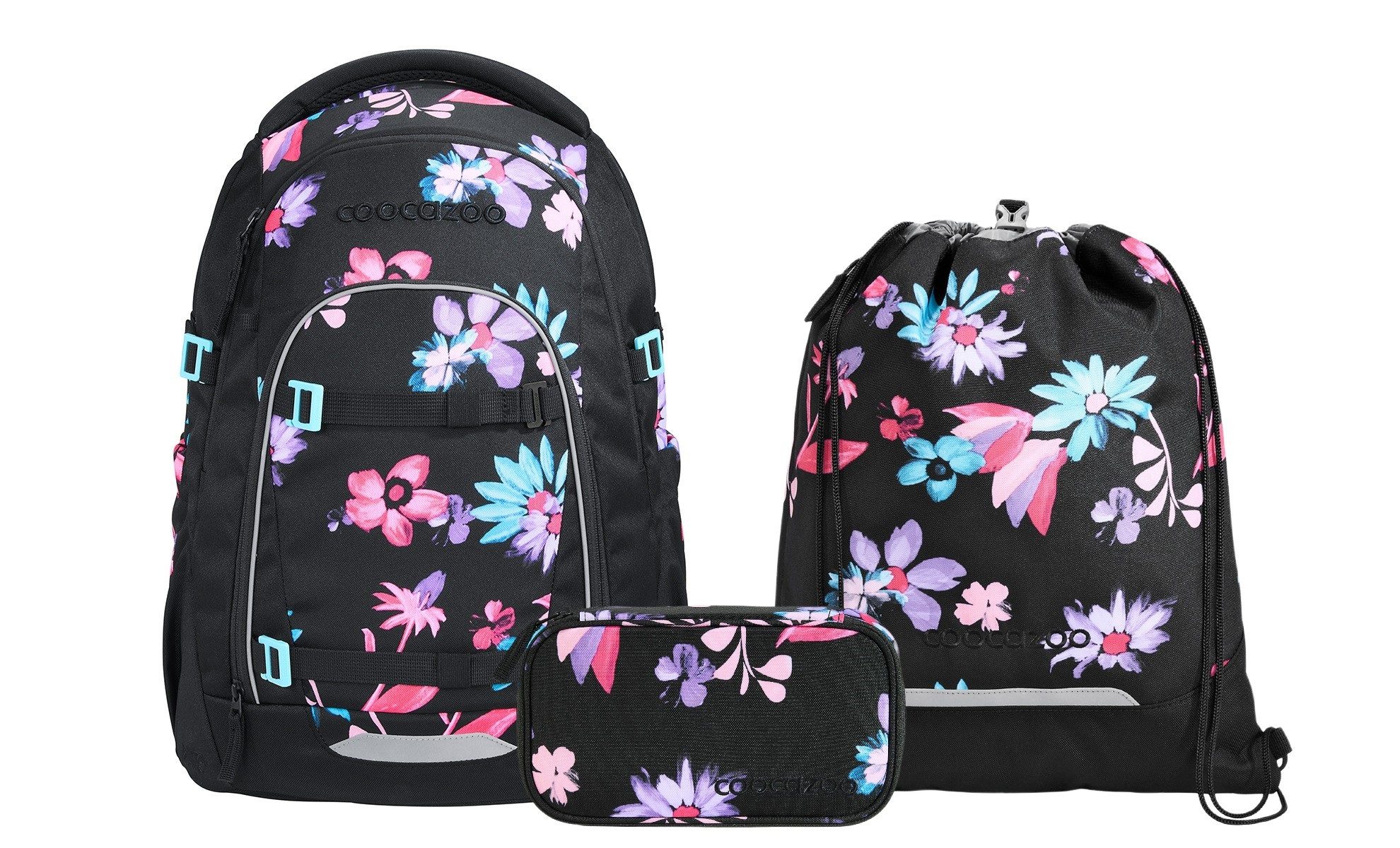 coocazoo Schulranzen Schulrucksack-Set MATE Floral Artnight 3-teilig (3-teilig), ergonomisch, Körpergröße: 135 - 180 cm, Easy-Grow-System