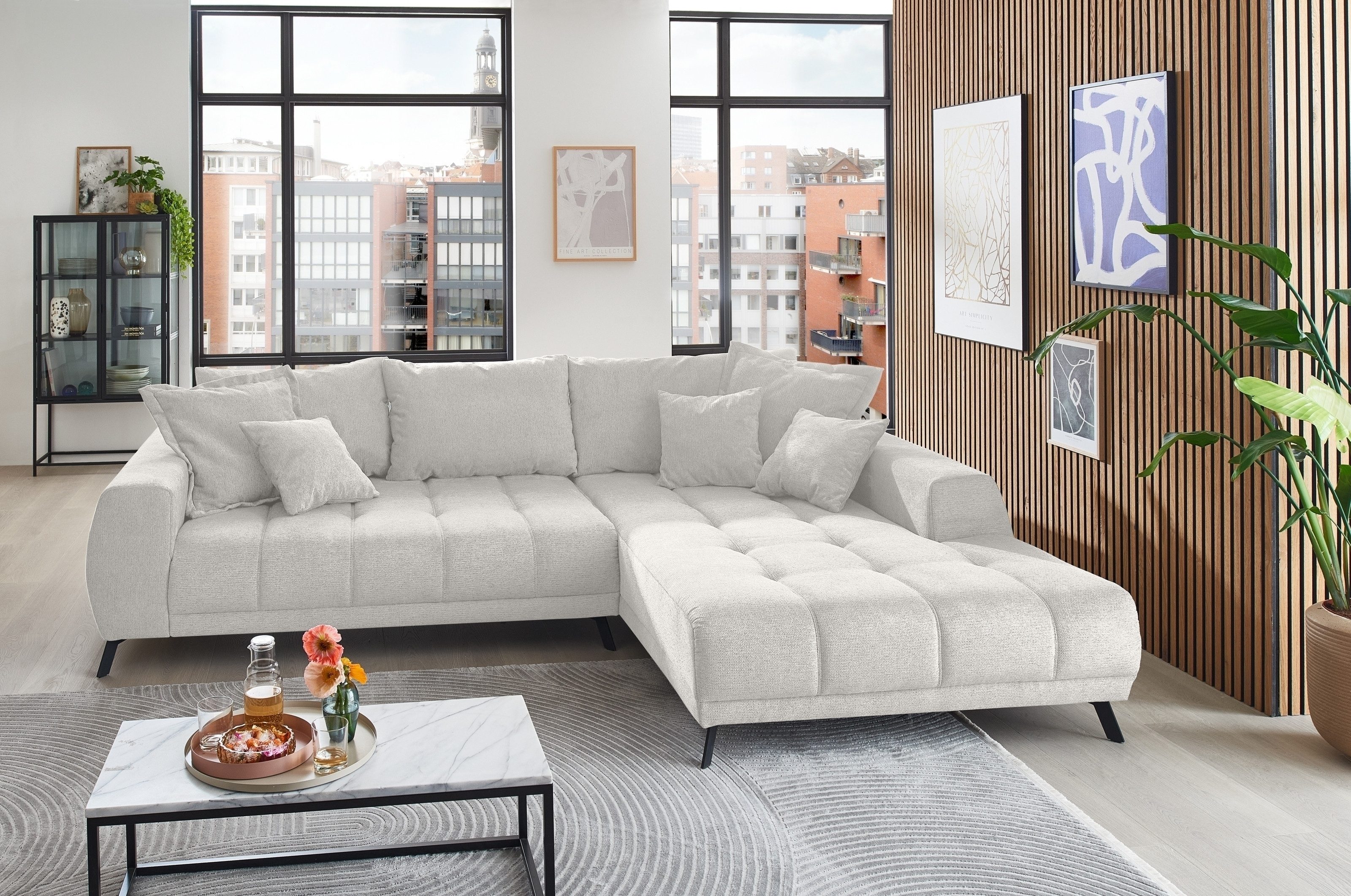 Iwaniccy Polsterecke 8 Kissen, Waffelsteppung, beschichtet, creme - 300x108x123cm (BxHx