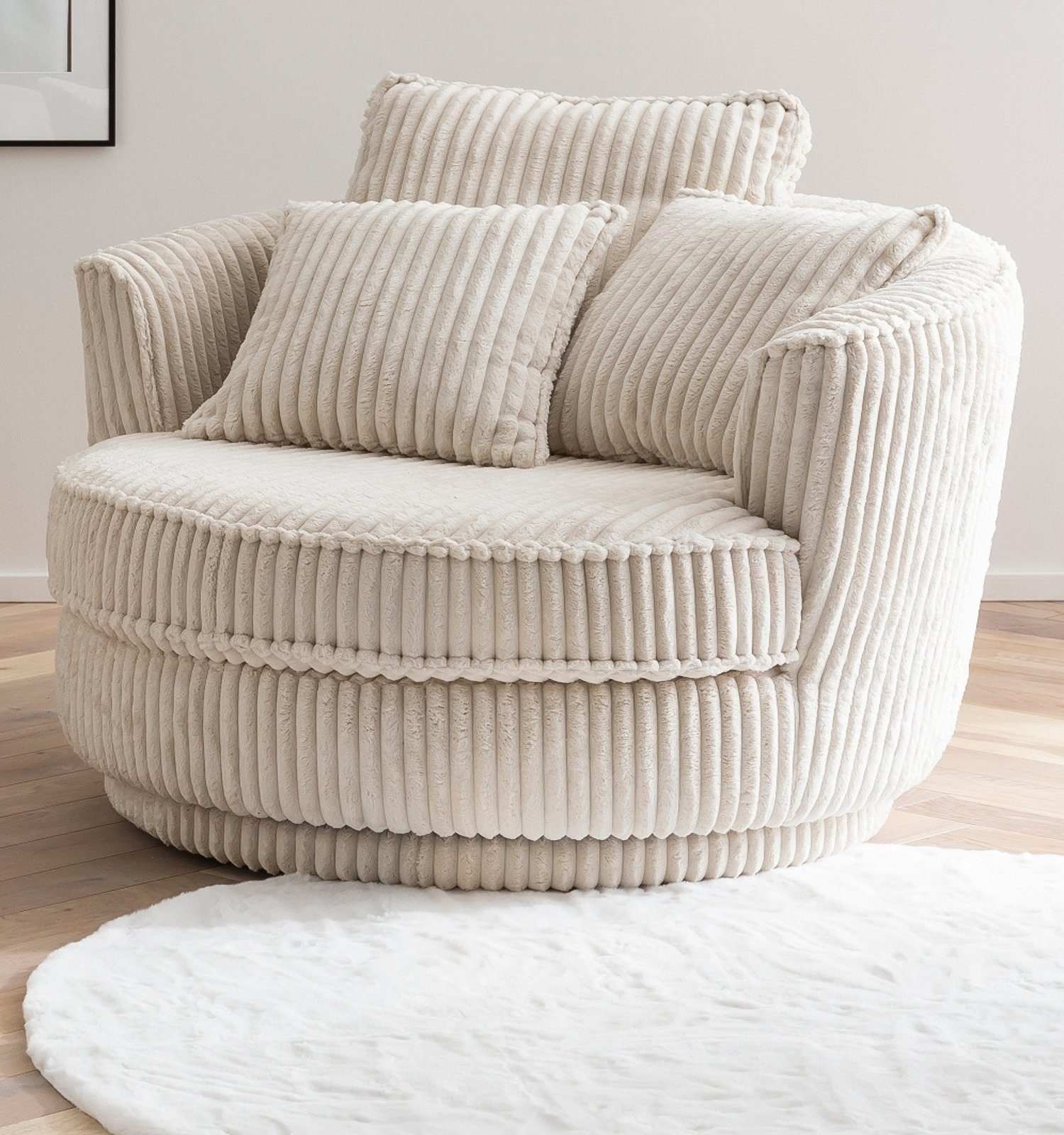 Furn.Design XXL-Sessel Comfy (Love Seat in Cord Wollweiß, 120 x 120 cm), drehbar, Bonell Federkern