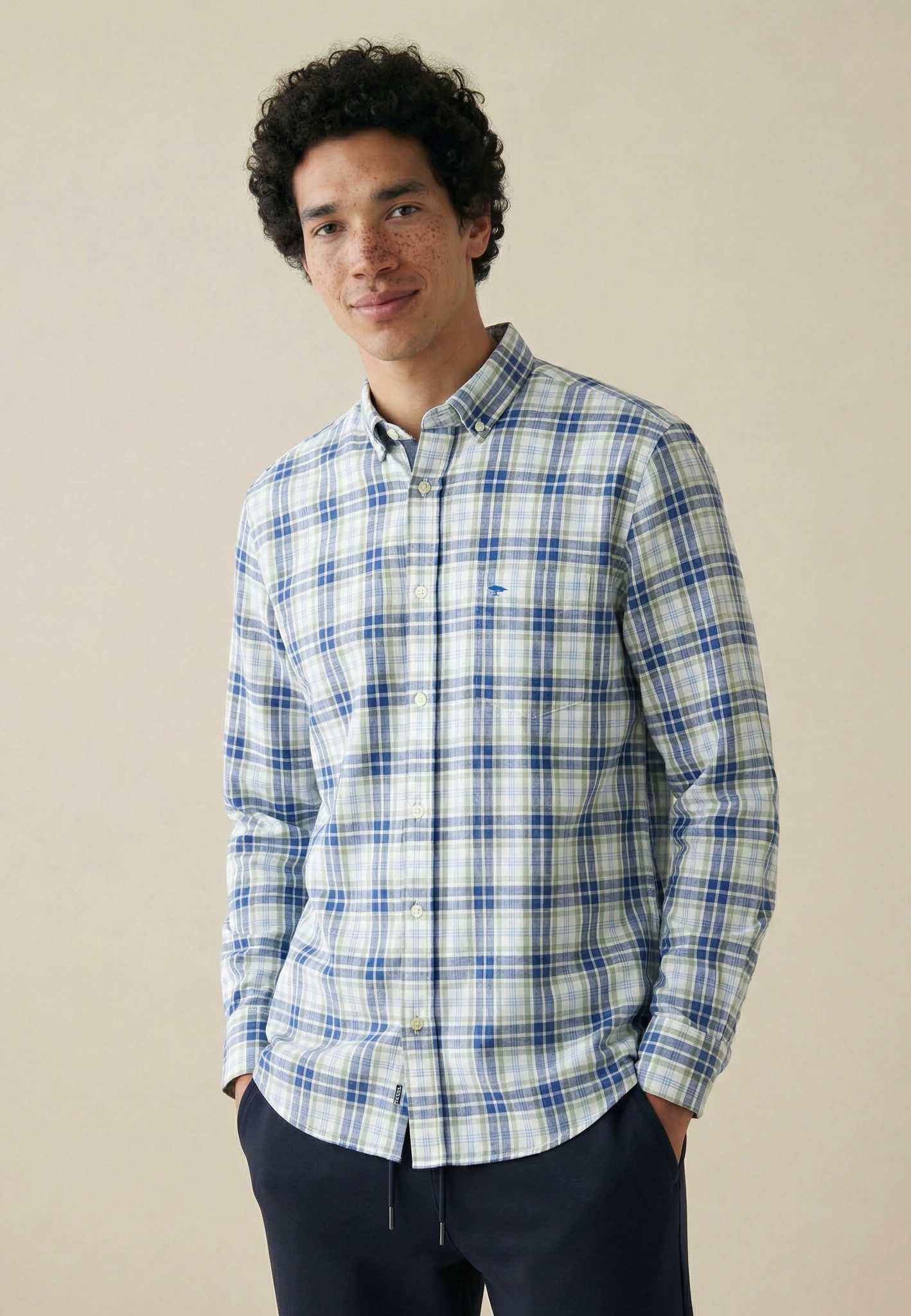 FYNCH-HATTON Langarmhemd Washed Oxford Check normale Passform, kariertes Muster, mit Brusttasche