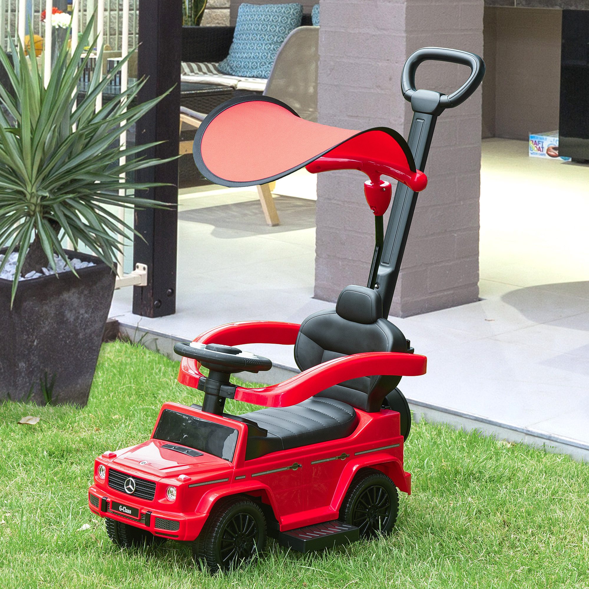 HOMCOM Rutscher Rutschfahrzeug mit Lenkrad, Kinderfahrzeug mit Hupe Fußstütze, (3-in-1 Schiebeauto, 1-tlg., Rutschauto mit Schiebstange), für Kinder von 18 bis 36 Monaten Rot