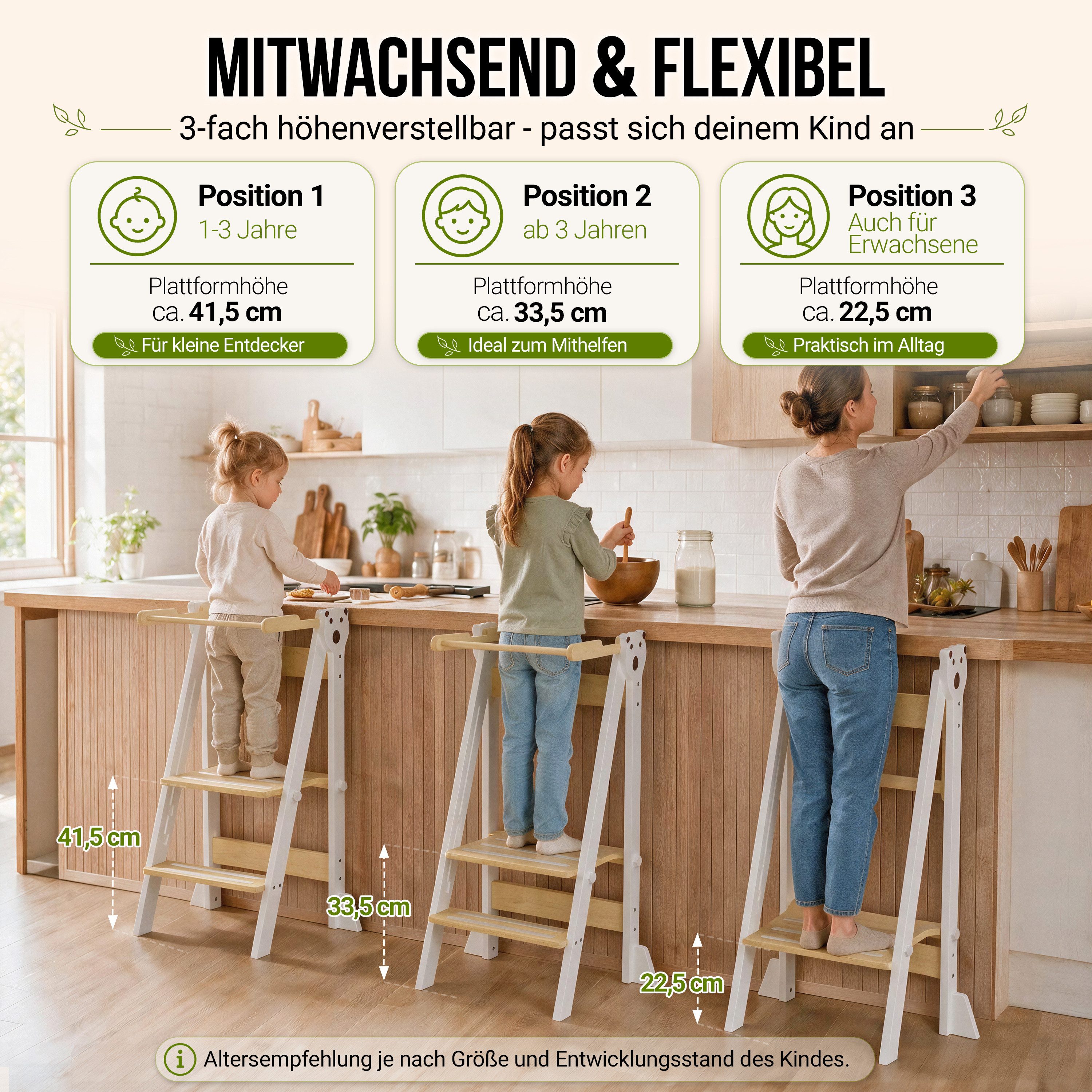 CADANI Stehhilfe JONAS Lernturm ab 1 Jahr klappbar und bis 75 kg belastbar (Weiß Natur, Montessori Küchenhelfer, Massivholz), 3-fach höhenverstellbar, mitwachse – Bild 2 von 5