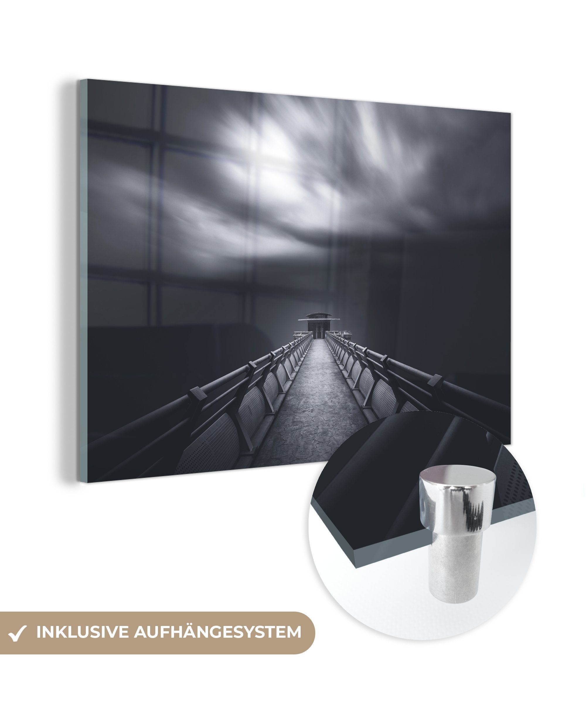 MuchoWow Acrylglasbild Dunkle Brücke zum Turm in Schwarz und Weiß, (1 St), Acrylglasbilder Wohnzimmer & Schlafzimmer