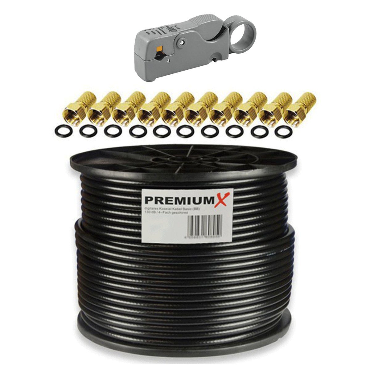 PremiumX 100m BASIC Koaxialkabel schwarz 135dB SAT Abisolierer 10x F-Stecker SAT-Kabel