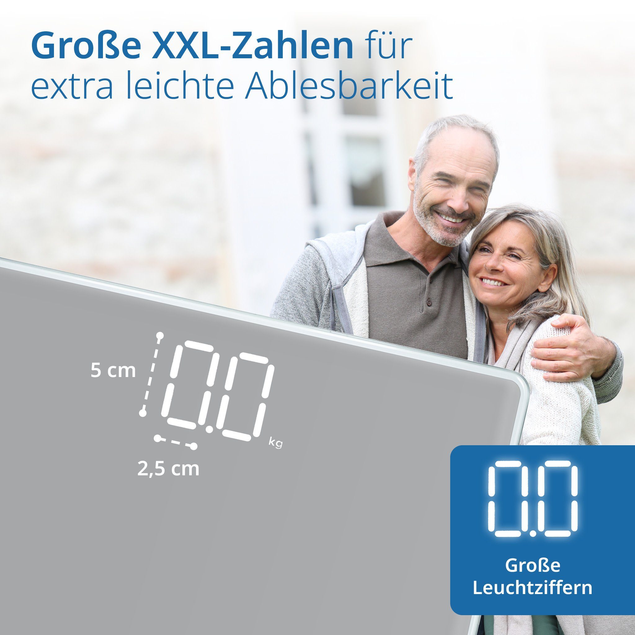 ADE Personenwaage Digitale Körperwaage mit extrahoher Tragkraft bis 220 kg, unsichtbares Magic Display, große Trittfläche aus Sicherheitsglas