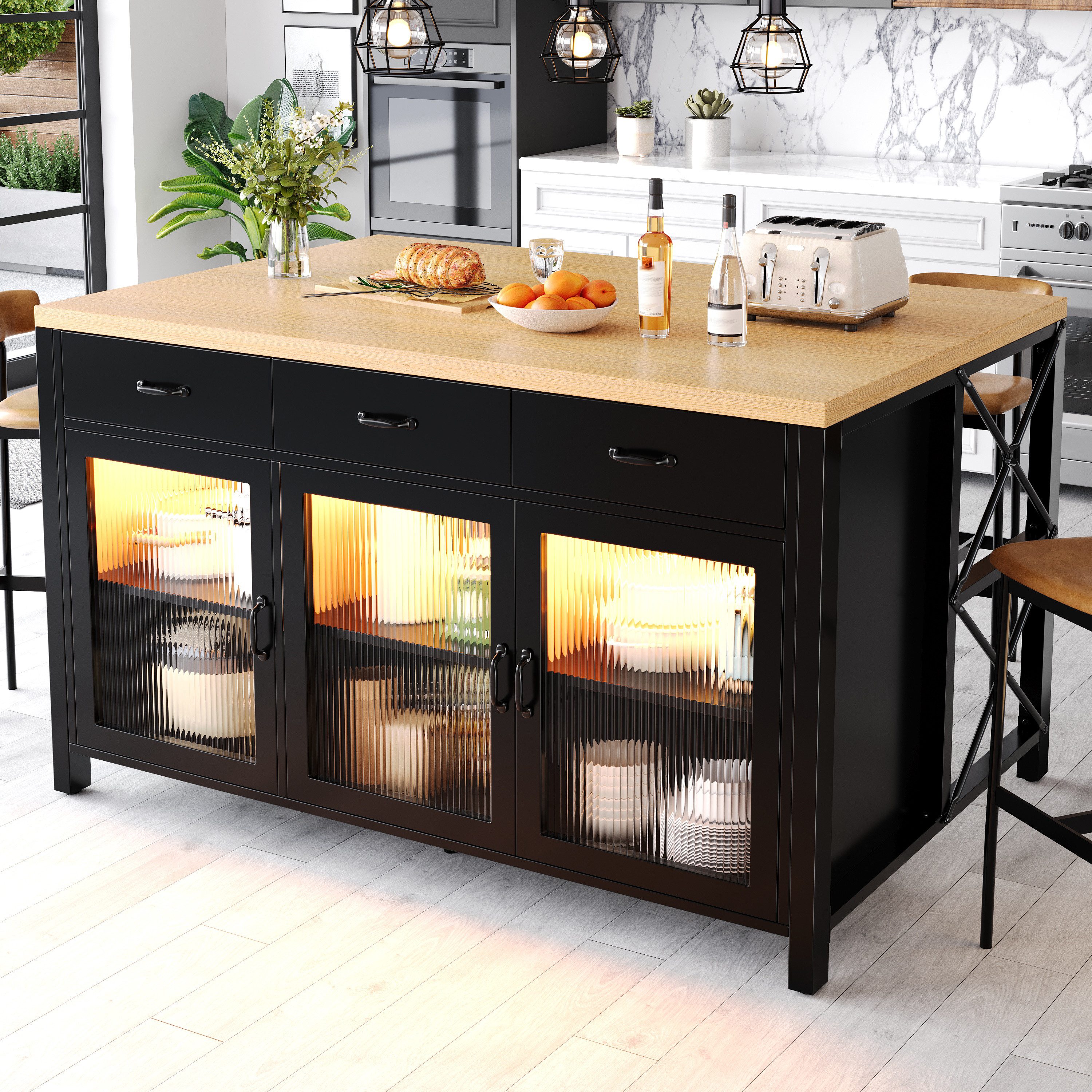 Flieks Kücheninsel mit Arbeitsplatte in Holzoptik Natur, LED-Beleuchtung und Glastüren, (150x80x90 cm), Küchenschrank mit verstellbarer Ablagen Mehrzweckschrank Schwarz