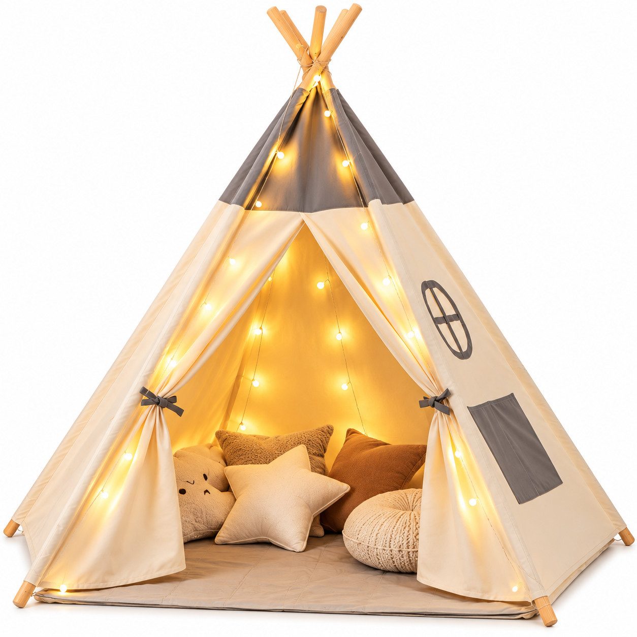 TSE Spielzelt Kinder Zelt aus Baumwolle mit LED Lichterkette Matte und Holzgestell (Kinderzelt-Set mit, Lichtern) Kuschiliges Zelt für den Spielspaß bis zu 2-3 Kinder
