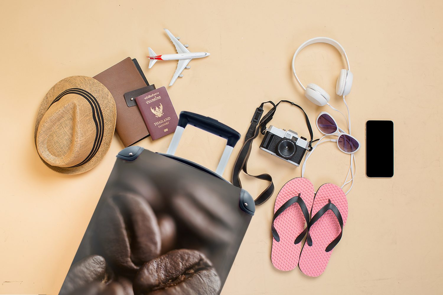 Farbe, von Nahaufnahme Handgepäck Trolley, und Kaffeebohnen Handgepäckkoffer für dunkelbraunen MuchoWow Reisetasche der Reisekoffer Ferien, 4 mit Rollen, rollen,