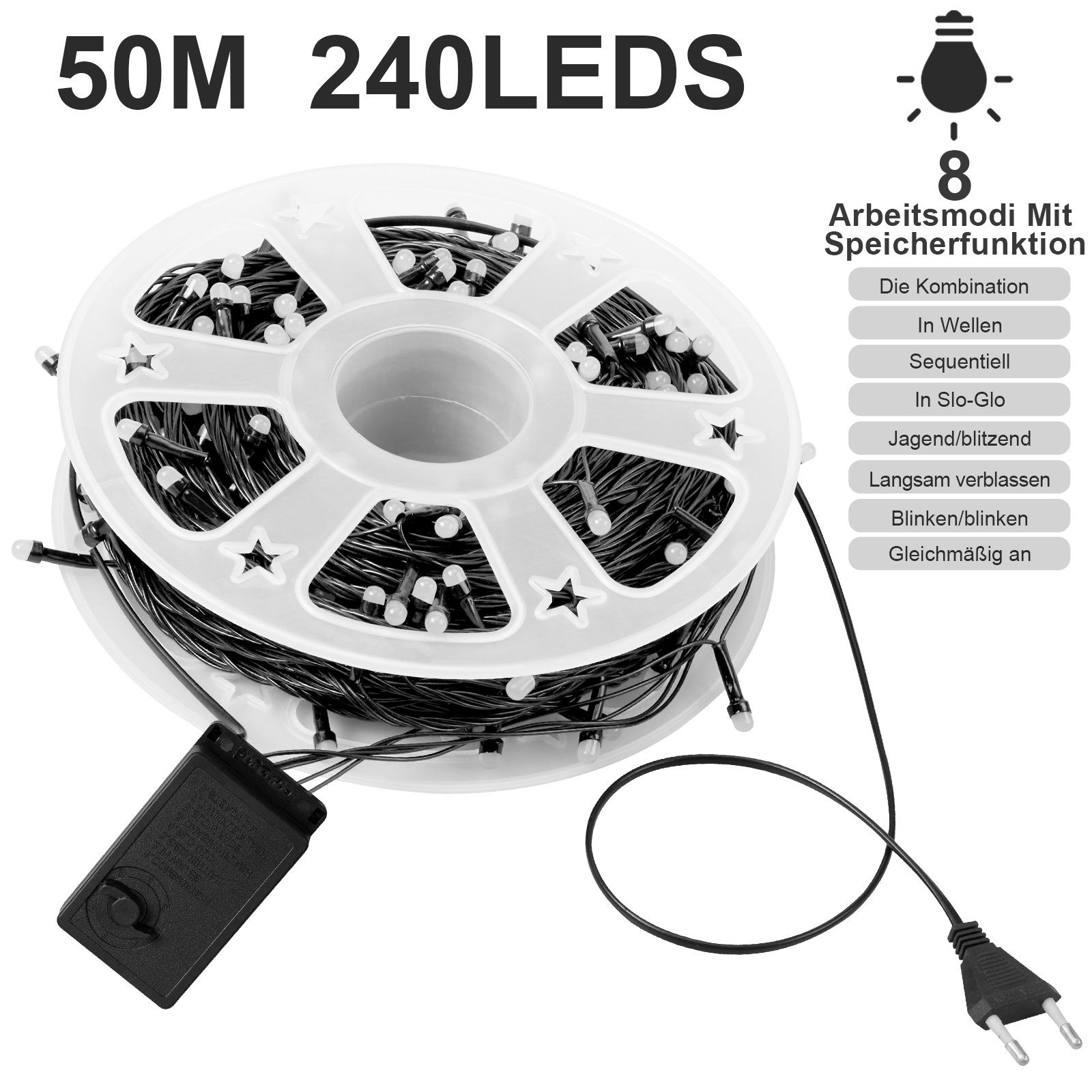 Rosnek LED-Lichterkette 50M, 240LEDs, 8 Modi, Speicherfunktion, für Weihnachtsbaum Garten Deko, wasserdicht, schwarzes Kabel, Spulenverpackung