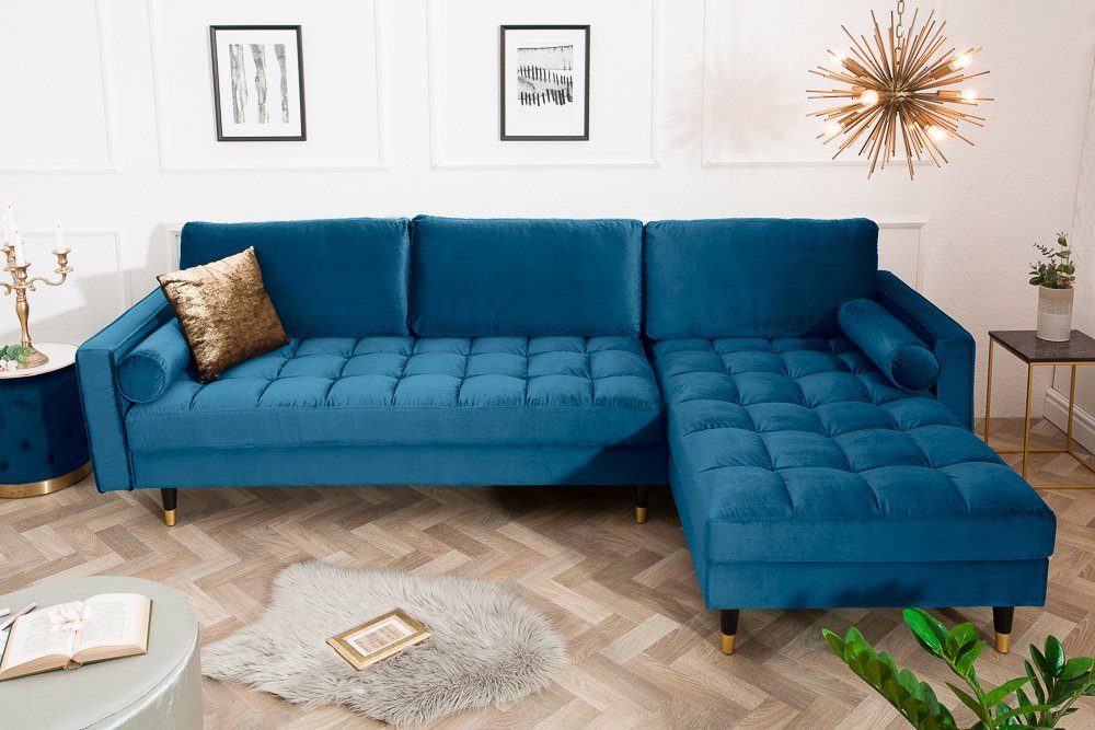 riess-ambiente Ecksofa COZY / Kissen Couch · VELVET · blau 260cm inkl. schwarz · petrol Samt L-Form Wohnzimmer Federkern · Teile, Barock Einzelartikel · gold, 1