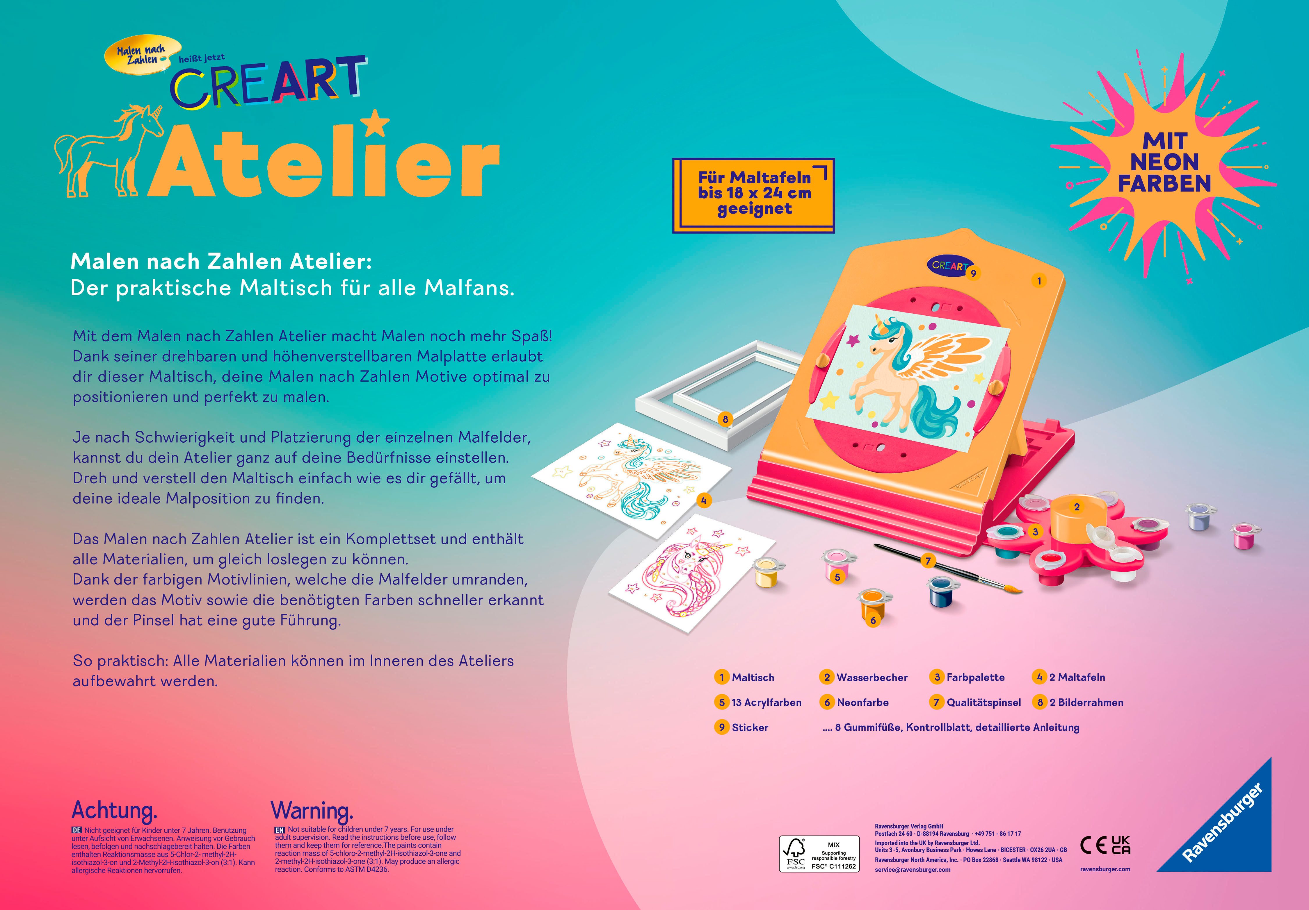 Ravensburger Malen nach Zahlen CreArt, Malen nach Zahlen - Neon Atelier Einhorn, Made in Europe