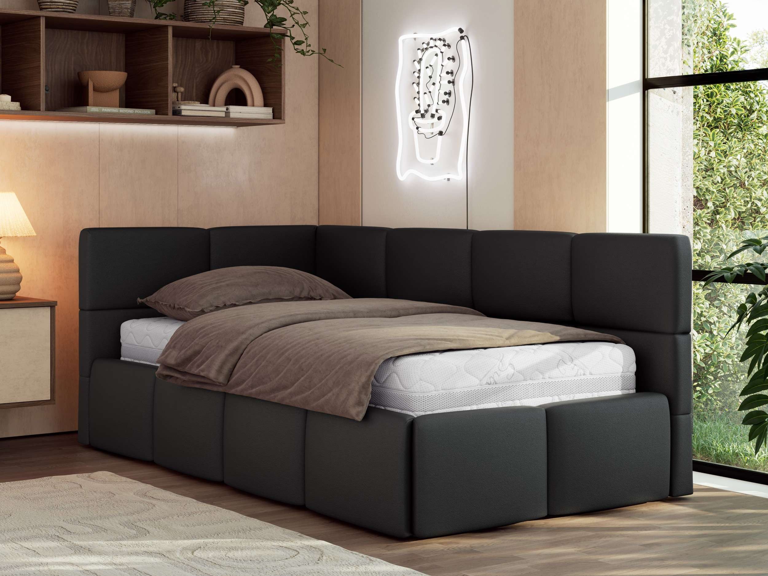 MKS MÖBEL Jugendbett ARVO 90x200 (Set, inkl. Lattenrost, Bettkasten und gepolstertem Kopfteil), Eckbett mit Stauraum, Polsterbett mit Gasdruckfedern