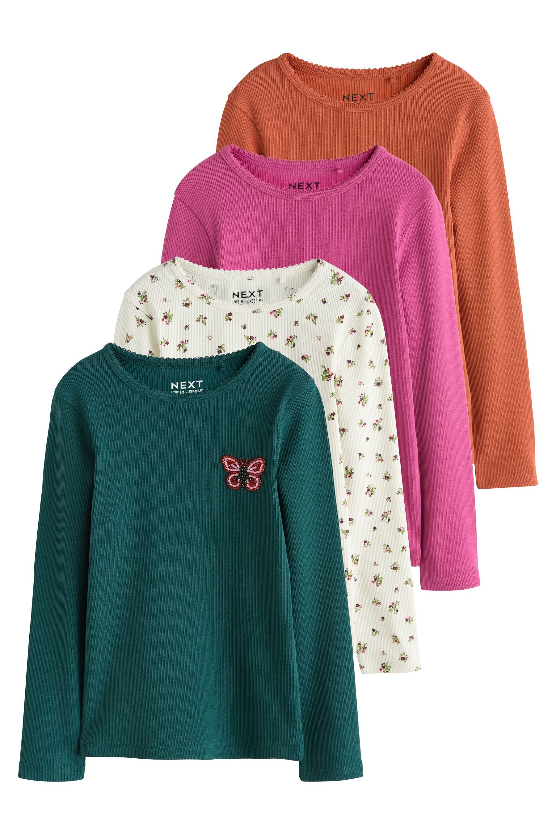 Next Langarmshirt Perlenverzierte Langarm-Oberteile, 4er-Pack (4-tlg)