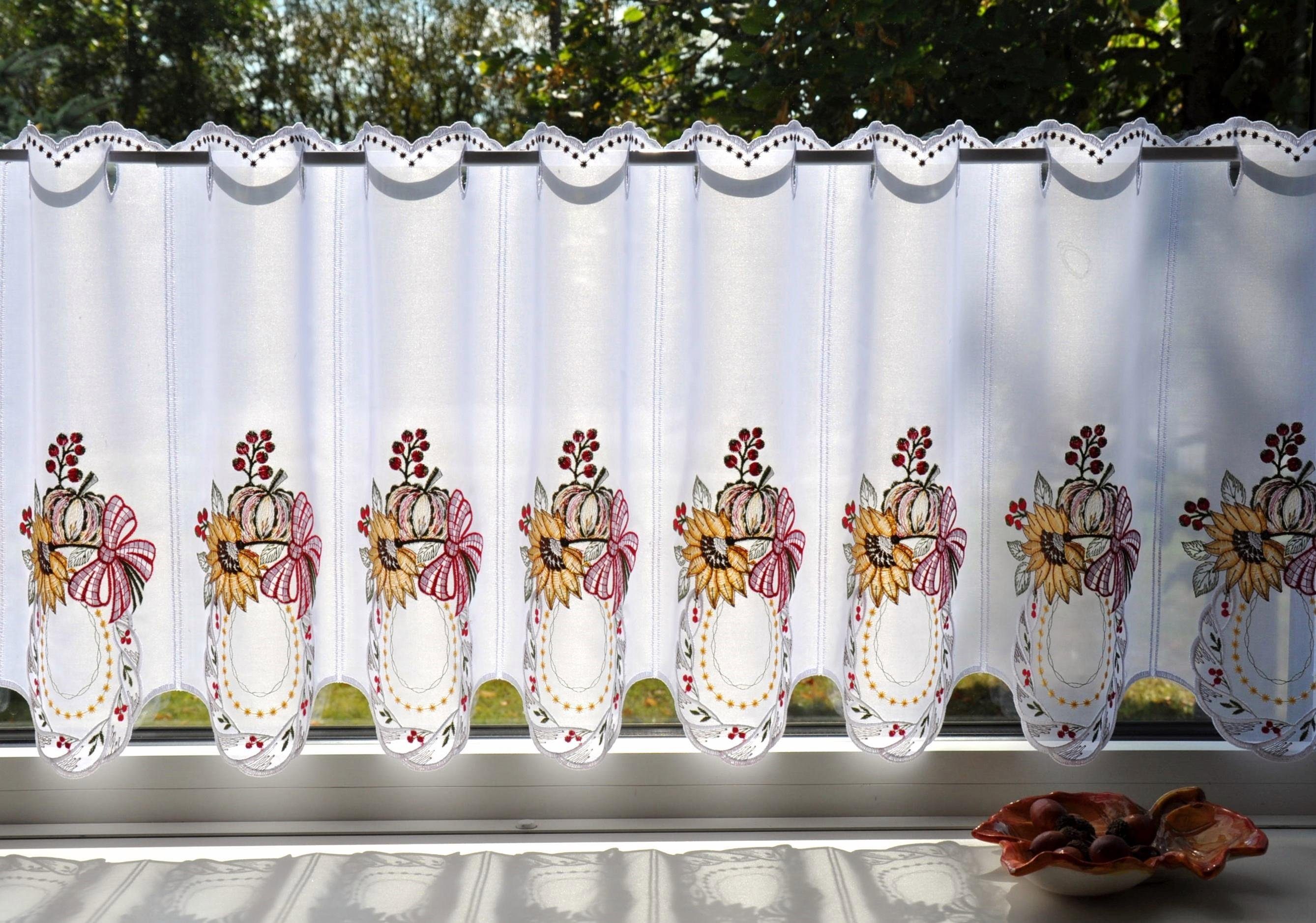 Stickereien Plauen Scheibengardine Kürbis (1 St), Stangendurchzug, transparent, Voile, mit echter Plauener Spitze Stickerei – Bild 2 von 4