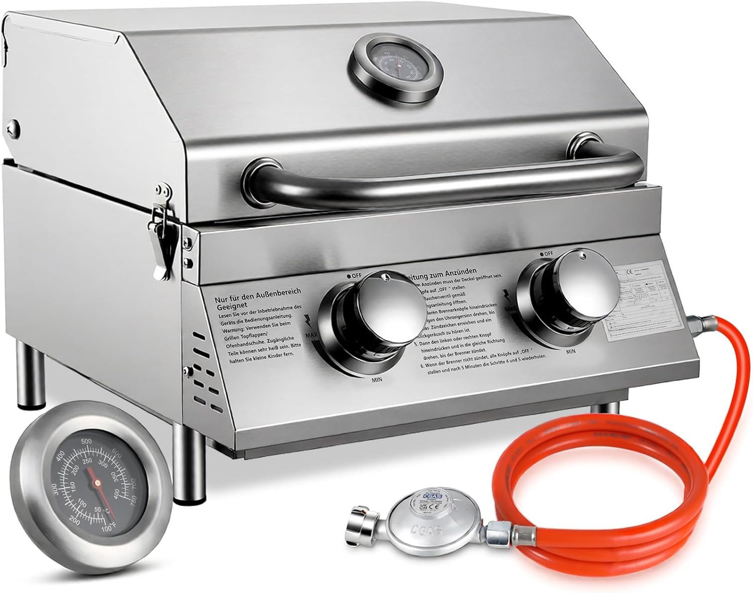 TLGREEN Camping-Gasgrill 2 Brenner Gasgrill Tragbar, Kompakter Tischgasgrill mit Emailliertem Grillrost & Thermometer, 4.4kW Camping Gasgrill für BBQ/Balkon/Garten, 42x33cm Grillfläche, Schwarz/Edelstahl, 9,6kg Leichtgewicht