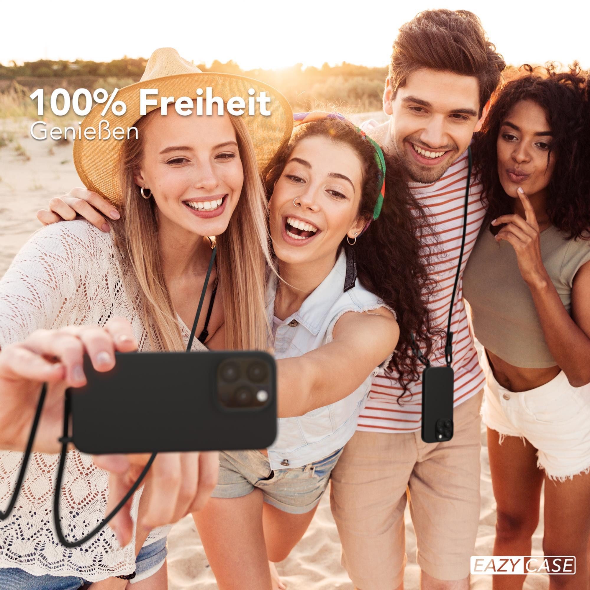 EAZY CASE Handykette Runde Kette für Apple iPhone 14 Pro 6,1 Zoll, Smartphonekette Cross Bag Silikonhülle Umhängetasche Necklace Schwarz