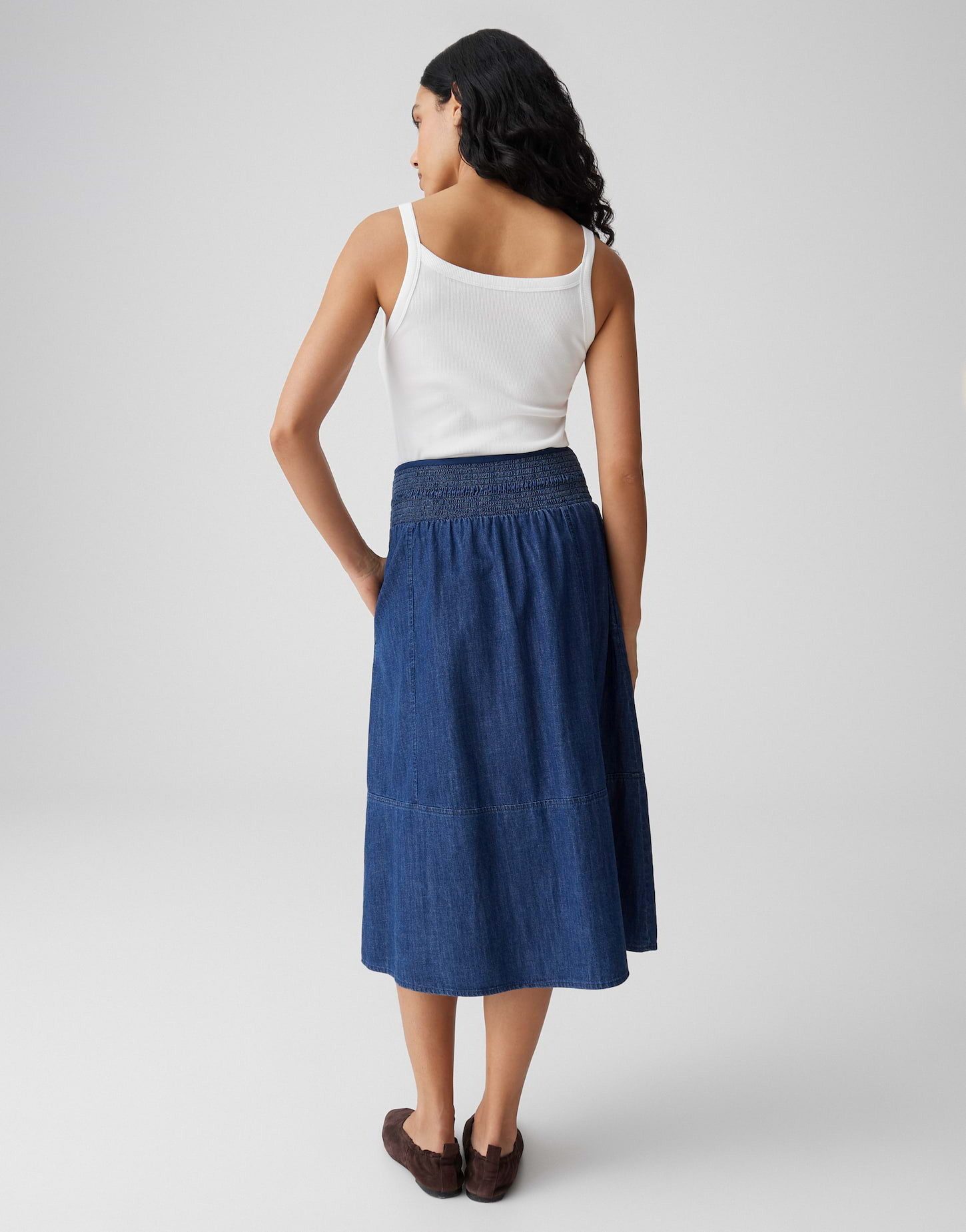 OPUS Jeansrock Ropini aus Denim mit elastischem Komfortbund abgesteppte Teilungsnähte, Nahttaschen in der Seite, fließender Fall