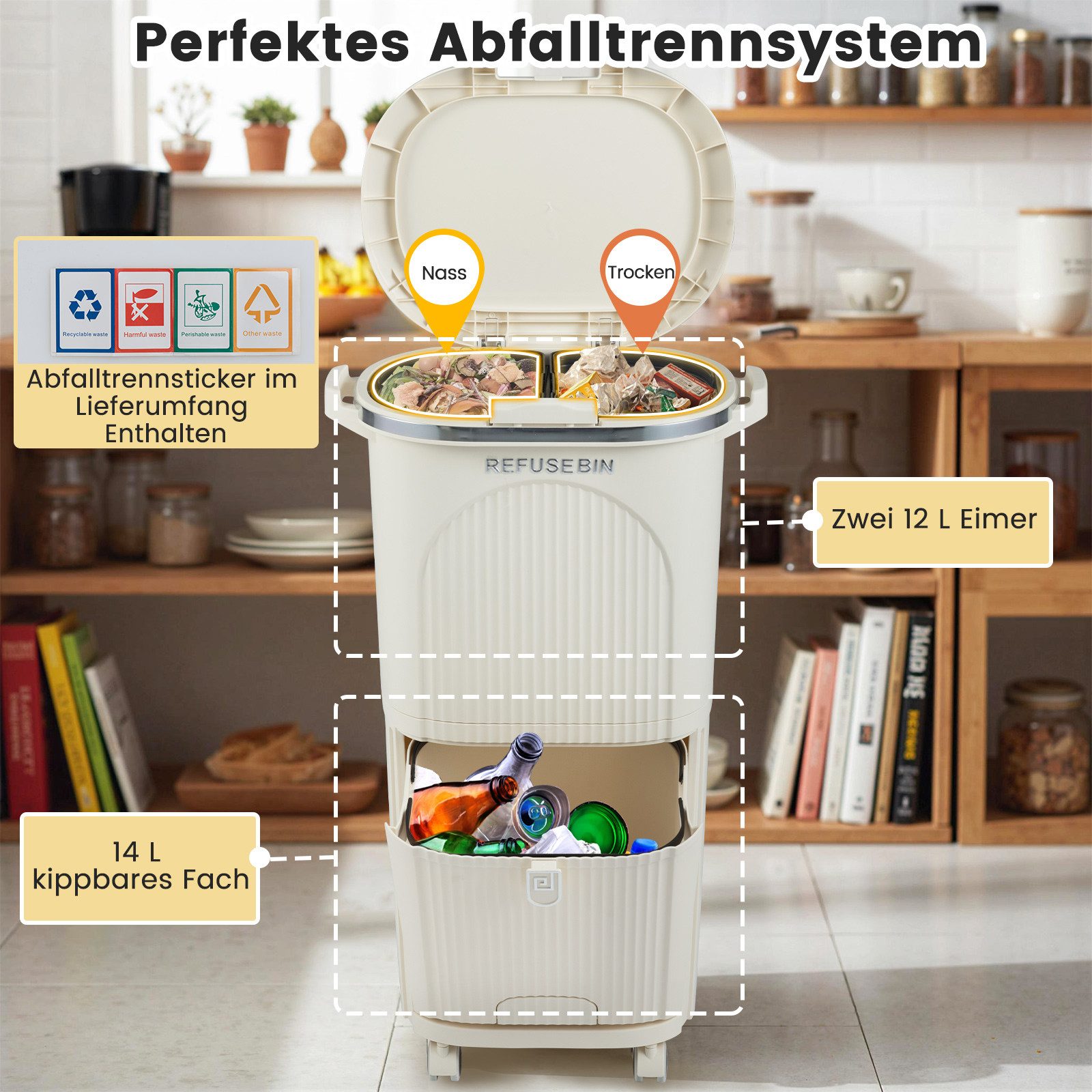 COSTWAY Mülleimer, Küche 3 Fächer Mülltrennsystem mit Rollen Tretmülleimer 38L