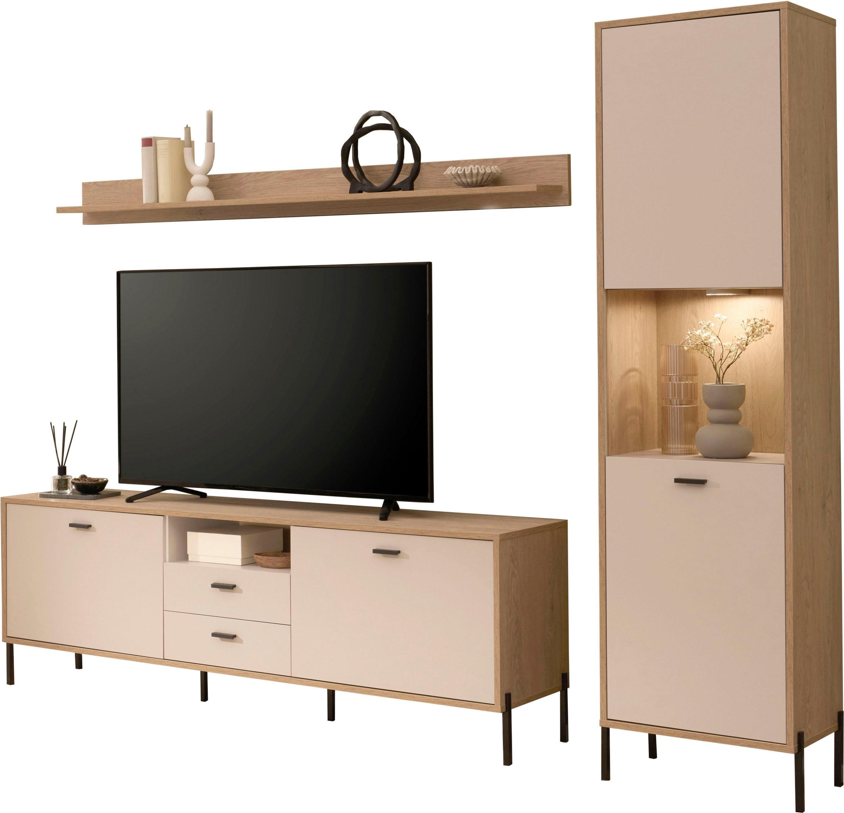Home affaire Wohnwand Fredericia, moderne Anbauwand, Komplettset in Kaschmir, (Set, 3-St), enthält Vitrine, Lowboard und Wandboard, 259 cm breit