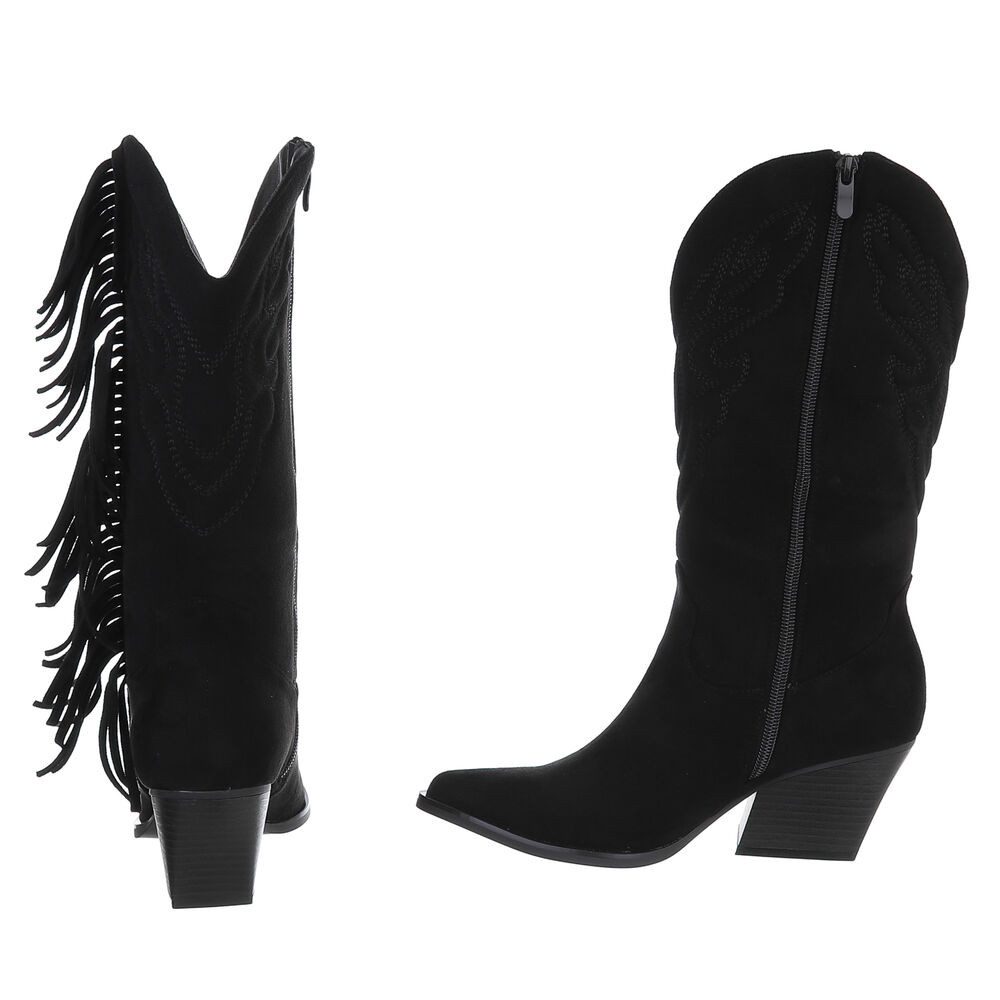 Ital-Design Moderne Damen-Stiefel mit Fransen für Freizeit und Events Westernstiefel (90458160) Blockabsatz Stiefel in Schwarz – Bild 5 von 5