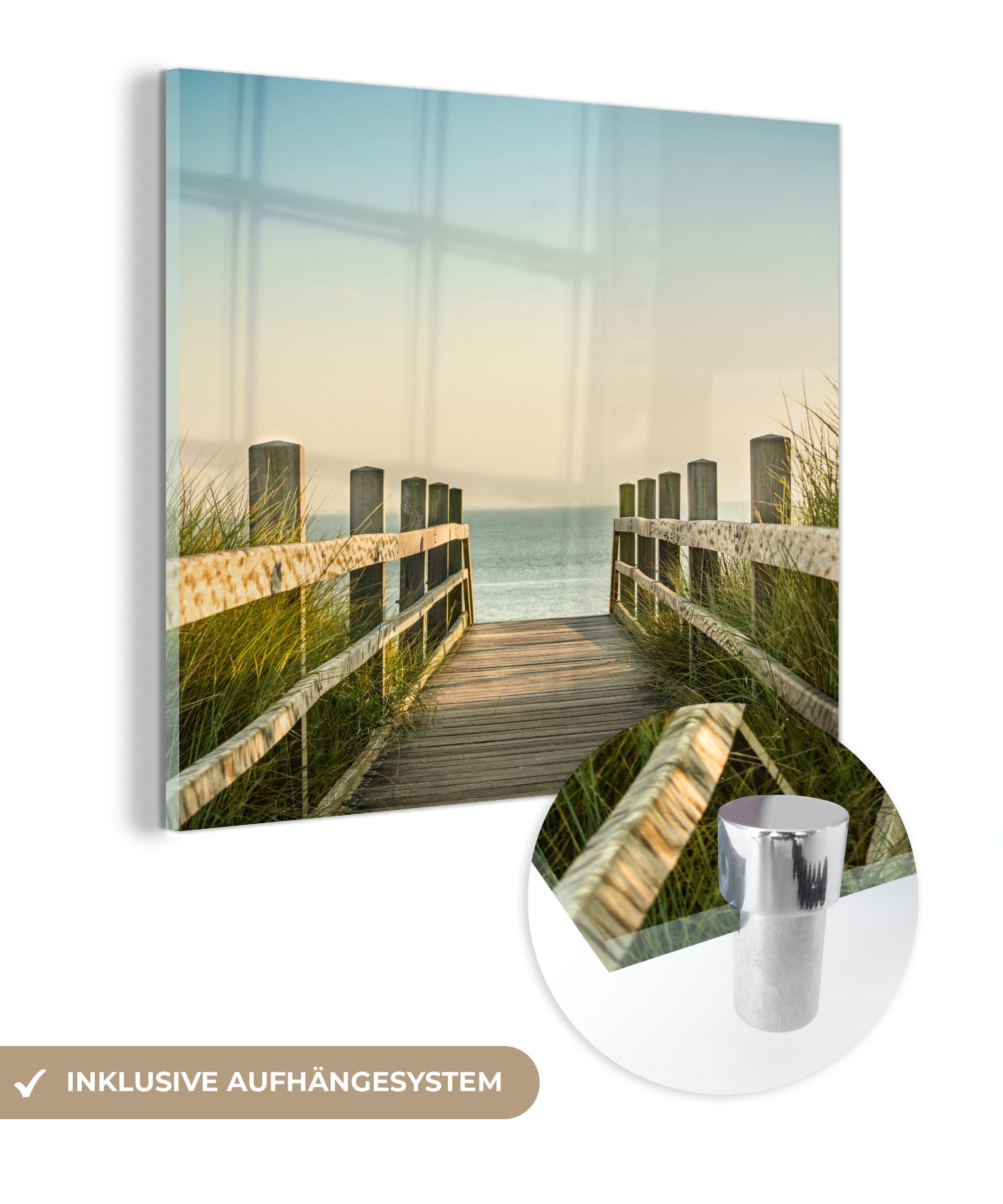 Glasbilder St), auf Wanddekoration - (1 - Glas MuchoWow Foto - Wandbild Bilder Acrylglasbild - auf Weg Zaun Meer, - Glas