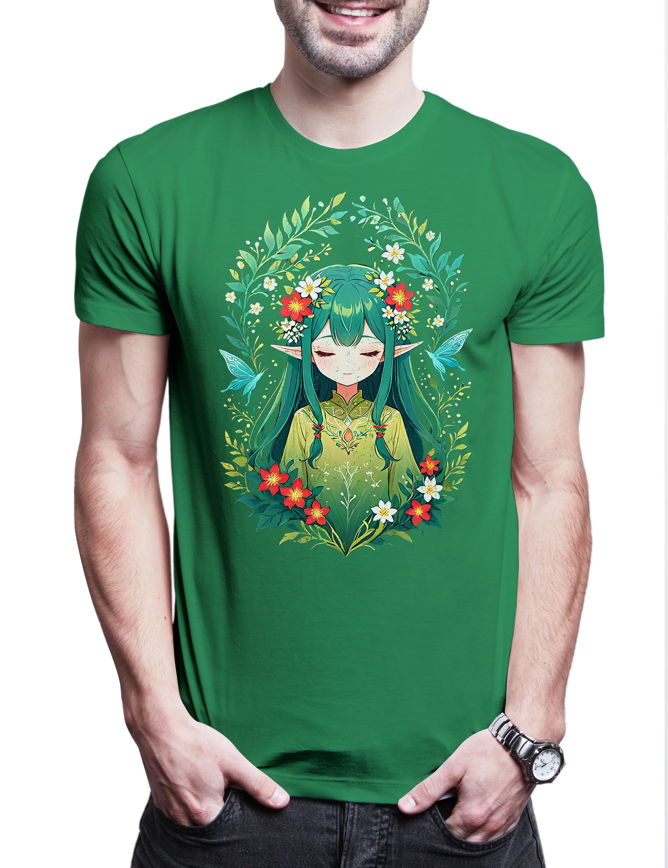 Urban Backwoods Print-Shirt Wood Elf Herren T-Shirt Art Nouveau Fantasy Elves Elfen Fairy Fairies (1-tlg) Lord RPP Dungeons Role