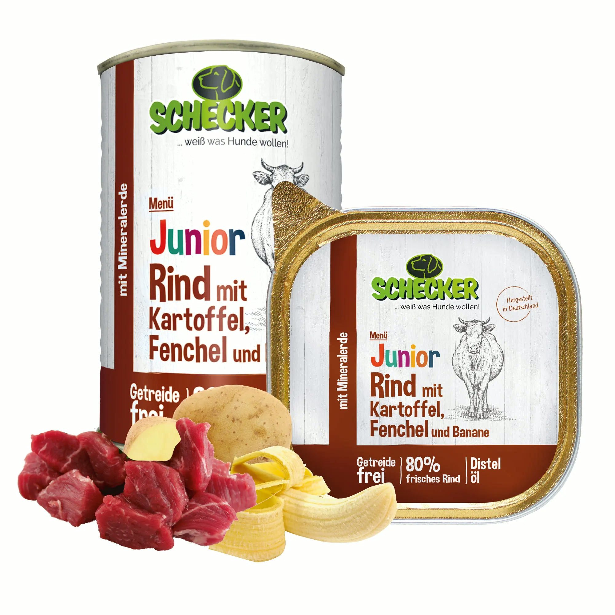 Schecker Hundemenü Junior Rind mit Kartoffel, Fenchel & Banane, 1St., mit Mineralerde, Distel-Öl
