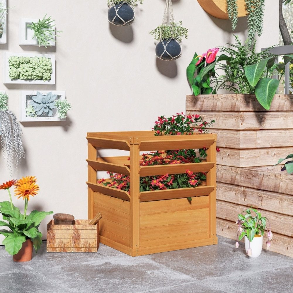 CHICFURN Hochbeet aus Holz mit Rankgitter & offenem Boden, natürliche Holzoptik (65x65x60cm, 1 St., Pflanzkasten & Spalier für Kletterpflanzen & Blumen), Robuster Pflanzkübel für Garten, Balkon & Terrasse