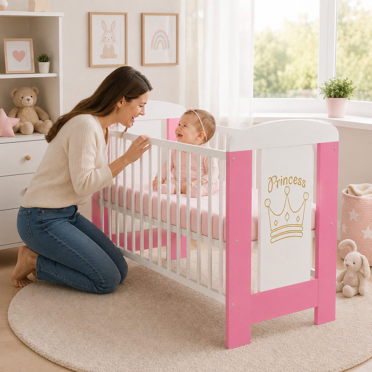 Best for Kids Babybett 120x60cm mit und ohne Matratze, 4-teilig, aus Buchenholz, 1-tlg., Kinderbett, Babybett 60x120 cm mit 3 herausnehmbare Schlupfsprossen