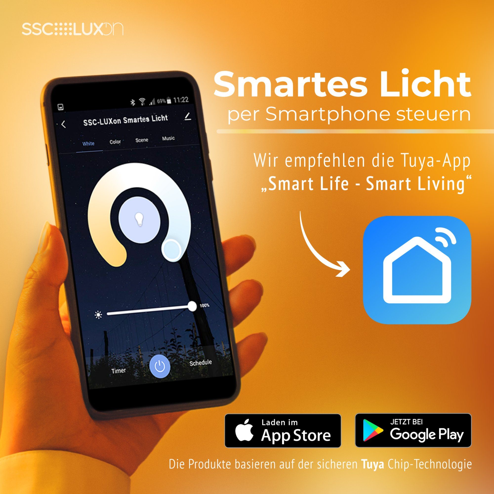 SSC-LUXon LED-Hängeleuchte Pendellampe PARU 2er mit smart E27 Birne 5W WLAN App dimmbar, Tageslichtweiß, Warmweiß, Neutralweiß