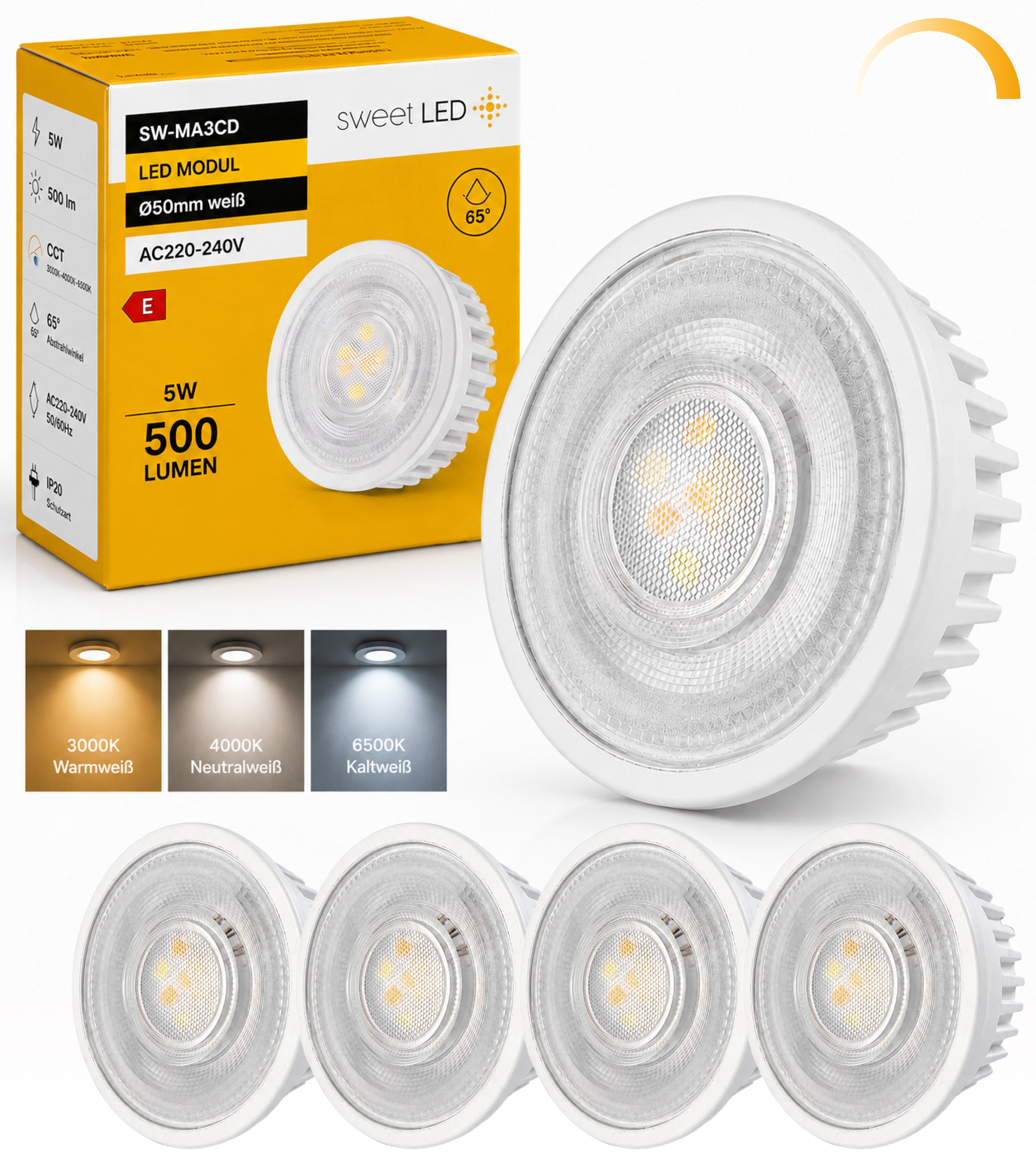 Sweet LED LED-Leuchtmittel 4er Set 5W 230V CCT Dimmbar LED Module 500lm 3000K 4000K 6500K Ø50mm
