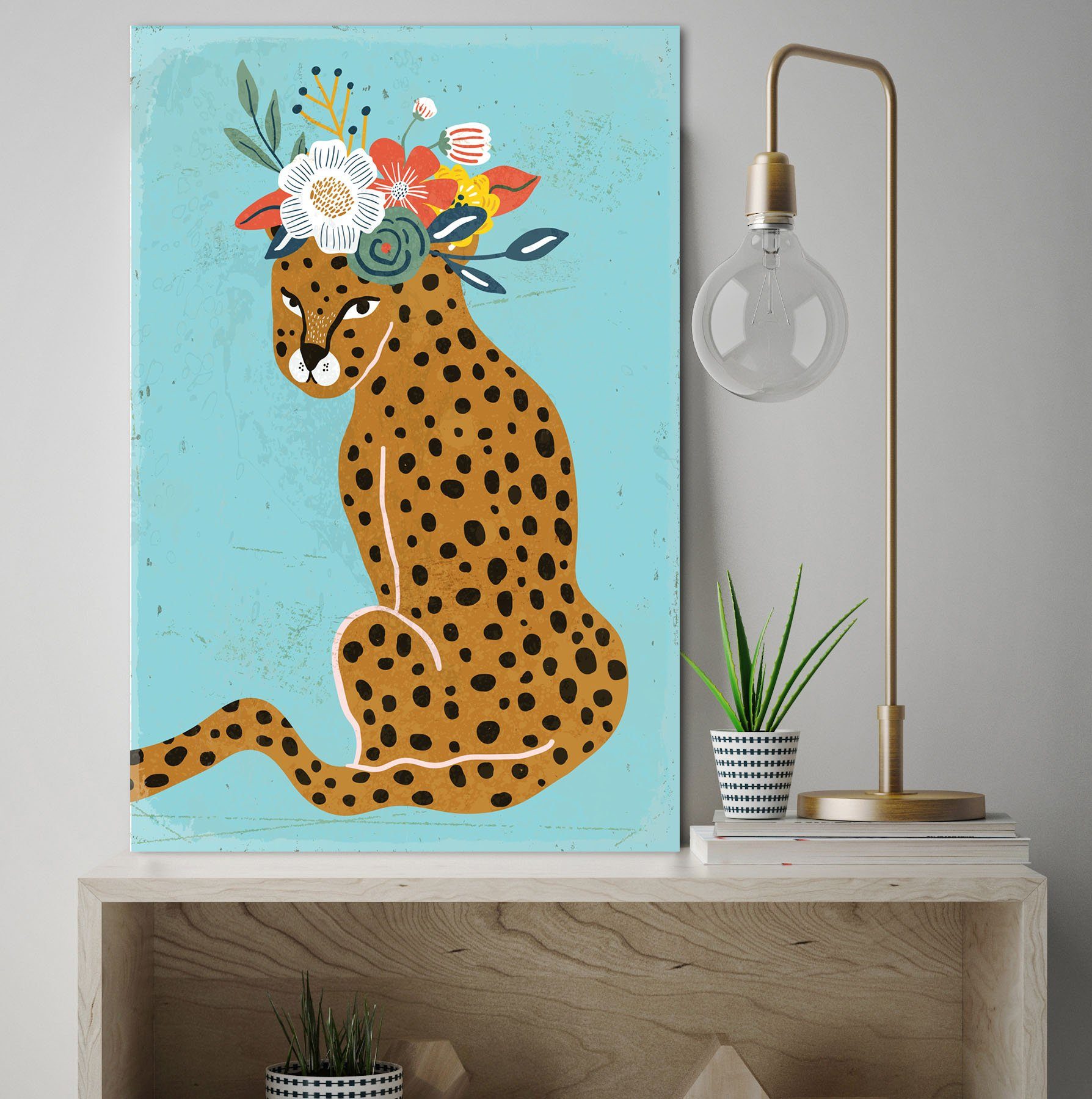 queence Metallbild Leopard, Blumen, Leopard, Sprüche (1 St), Stahlschild, Blechschild, Leopard mit Blumenkranz
